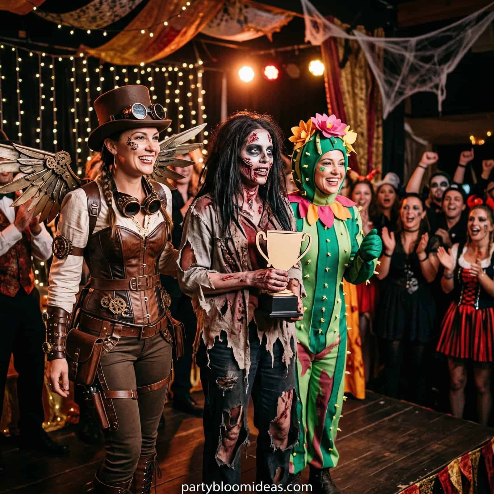 Costumed adults celebrating Halloween with steampunk, zombie, and clown outfits at a themed party.