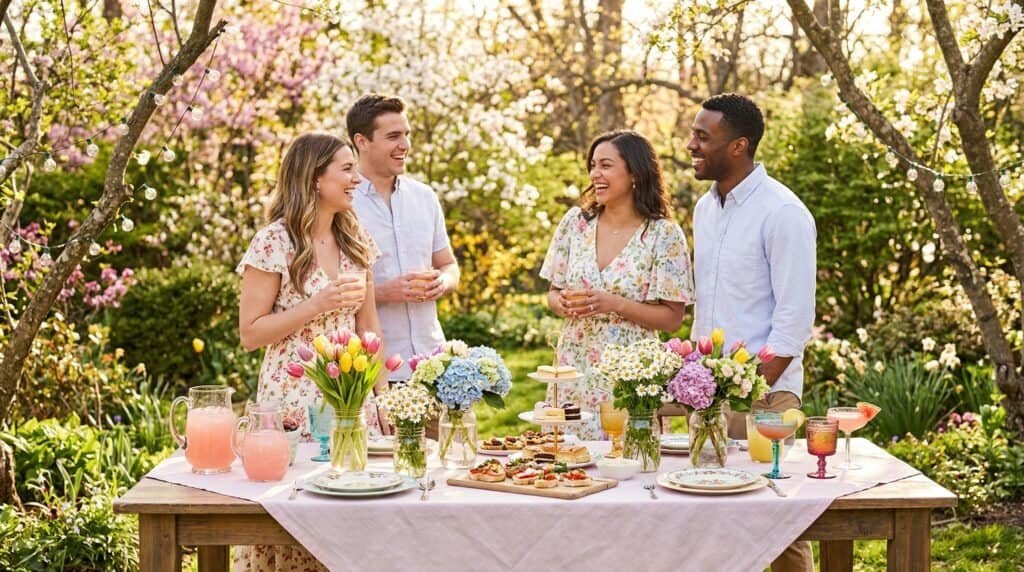 Group of friends enjoying a spring garden party with colorful flowers and festive table setting.