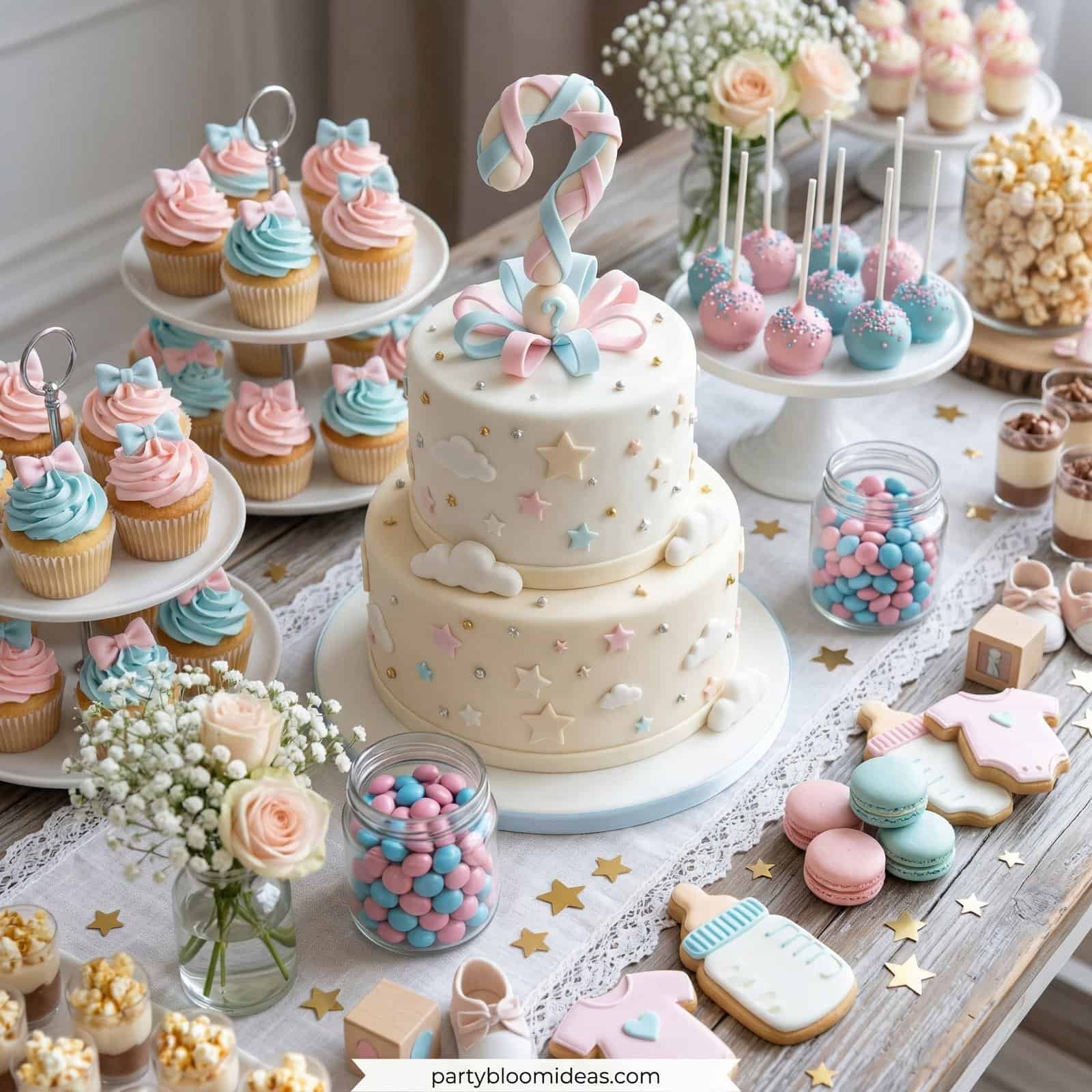 Elegant two-tier baby shower cake with pastel decorations and candy accents.