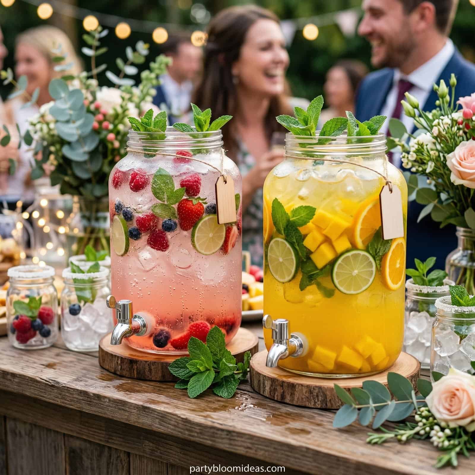 Fruit-infused water jars with berries and citrus at outdoor backyard BBQ celebration.