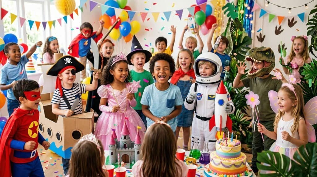 Vibrant kids celebrating a birthday with costumes, balloons, and themed decorations at a lively part.