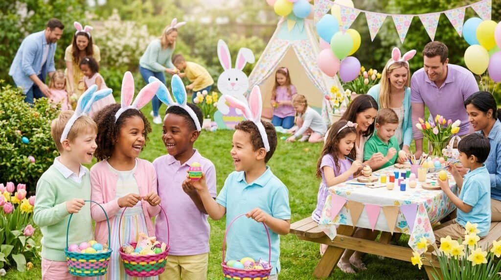Vibrant Easter celebration featuring children in bunny ears, colorful decorations, and outdoor activ.