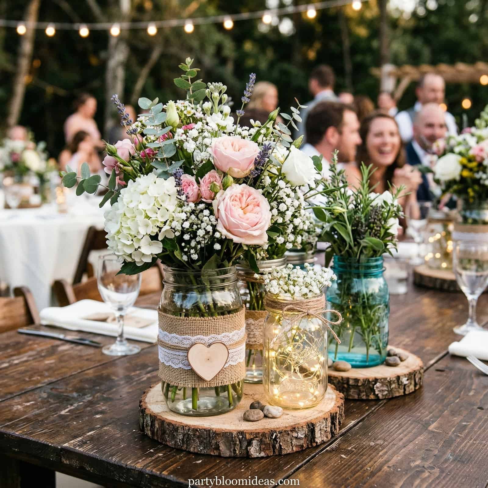 Beautiful floral centerpiece with roses and greenery for outdoor BBQ gatherings.
