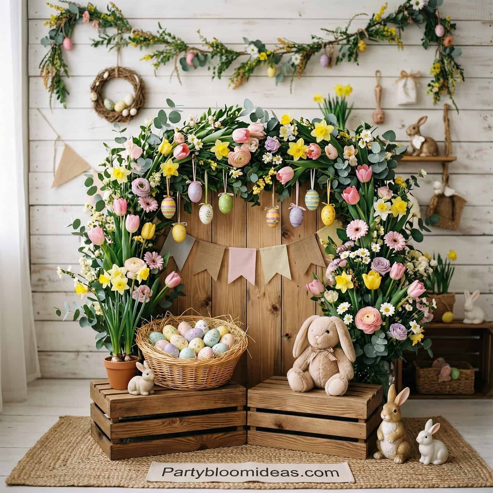 Easter-themed party decoration featuring a floral arch, pastel eggs, and bunny figurines for kids an.