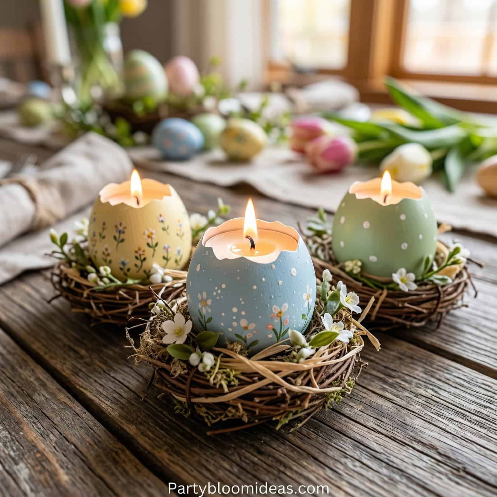Handmade Easter candles in floral decorated eggs with nests and flowers.