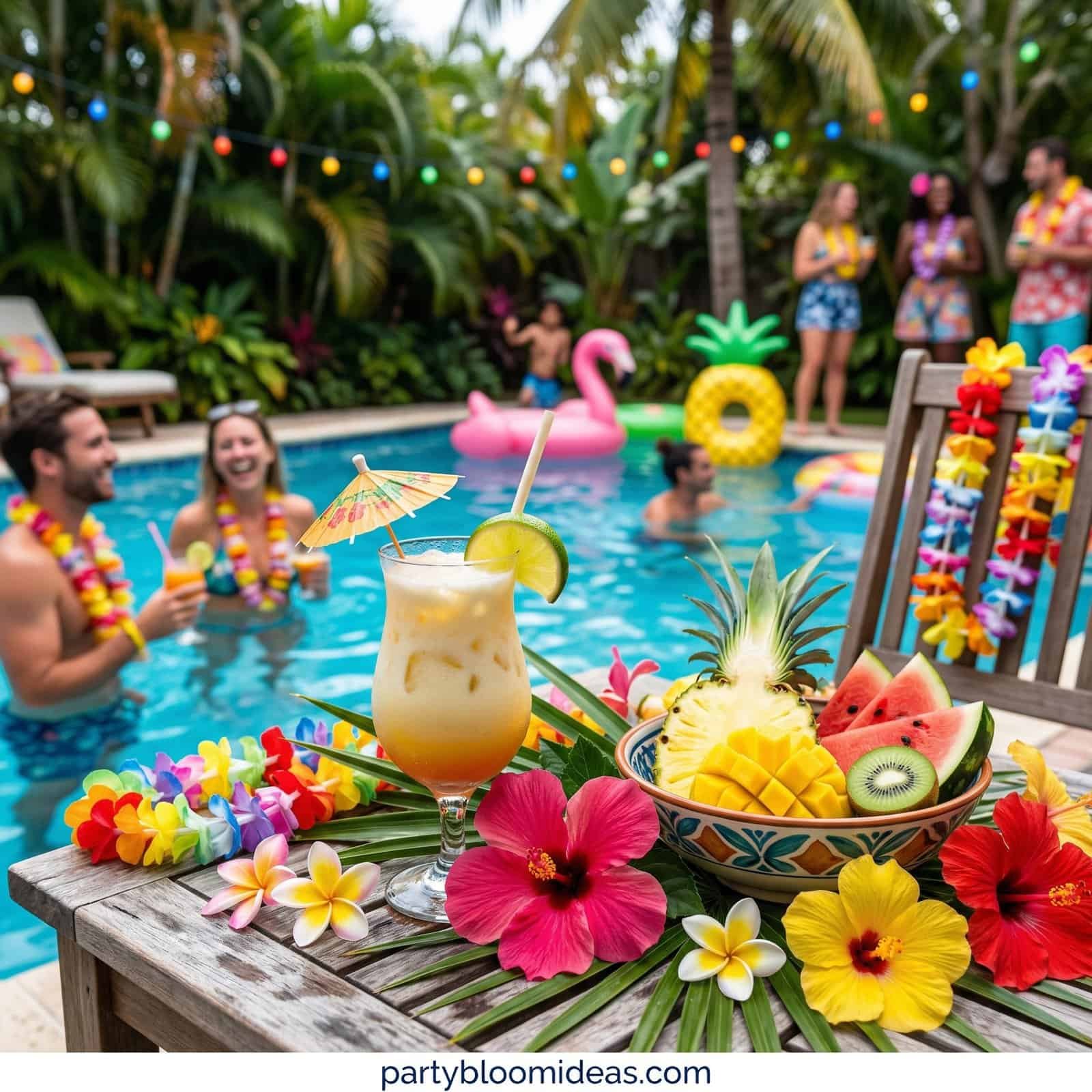 Kids enjoying a tropical-themed pool party with colorful inflatables and floral decorations.