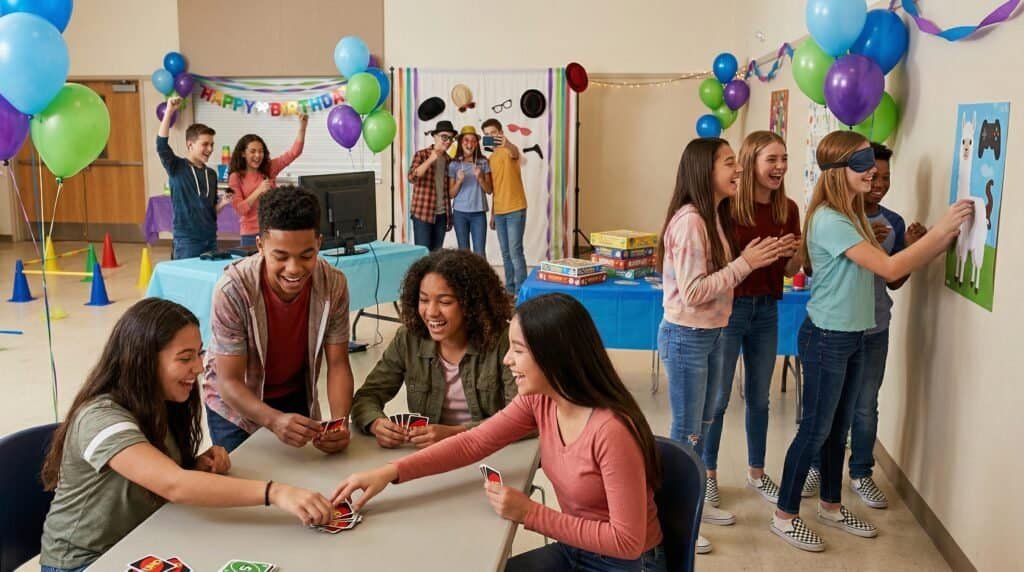 Fun birthday game setup for 13-year-olds with friends and colorful decorations.