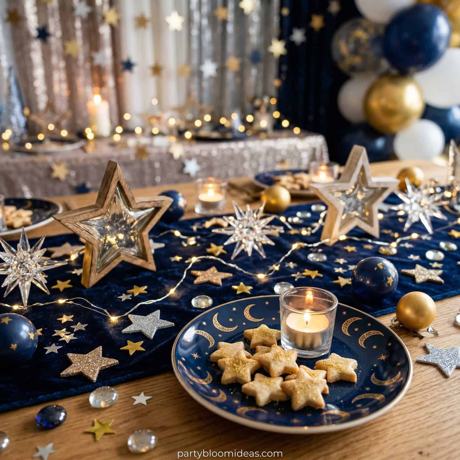Elegant baby shower table decorated with star-shaped ornaments, candles, and gold and navy accents.