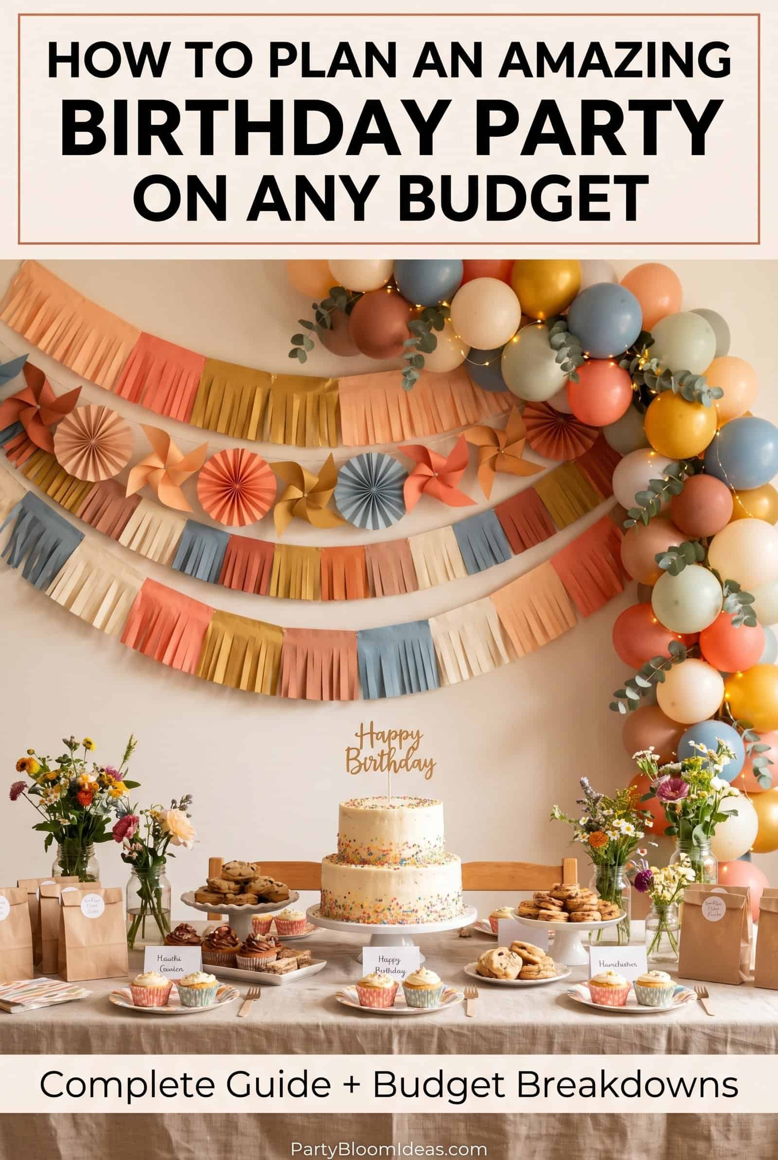 Colorful birthday party decorations with balloons and paper garlands on a budget.