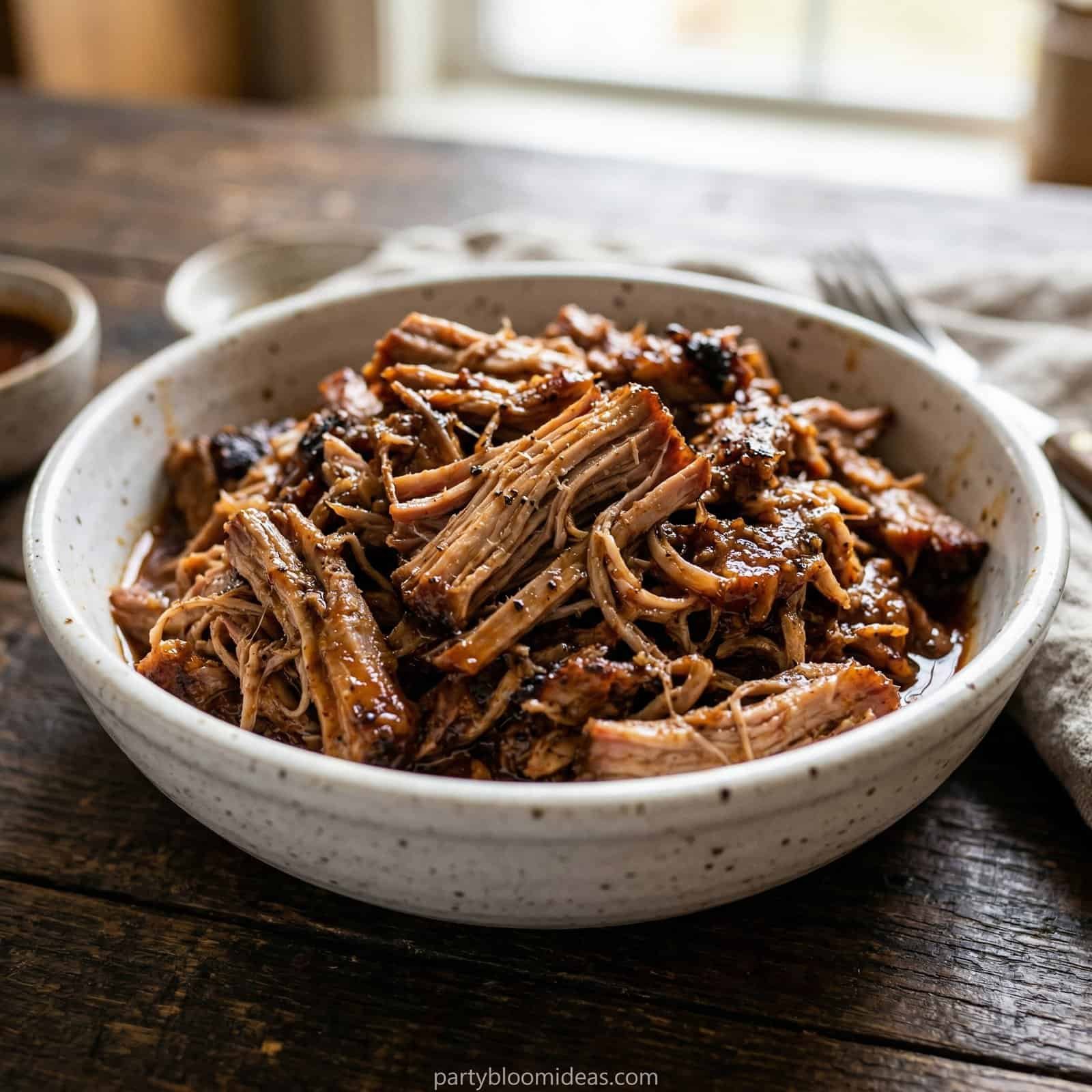 Juicy pulled pork in a white bowl, perfect for backyard BBQs and summer gatherings.
