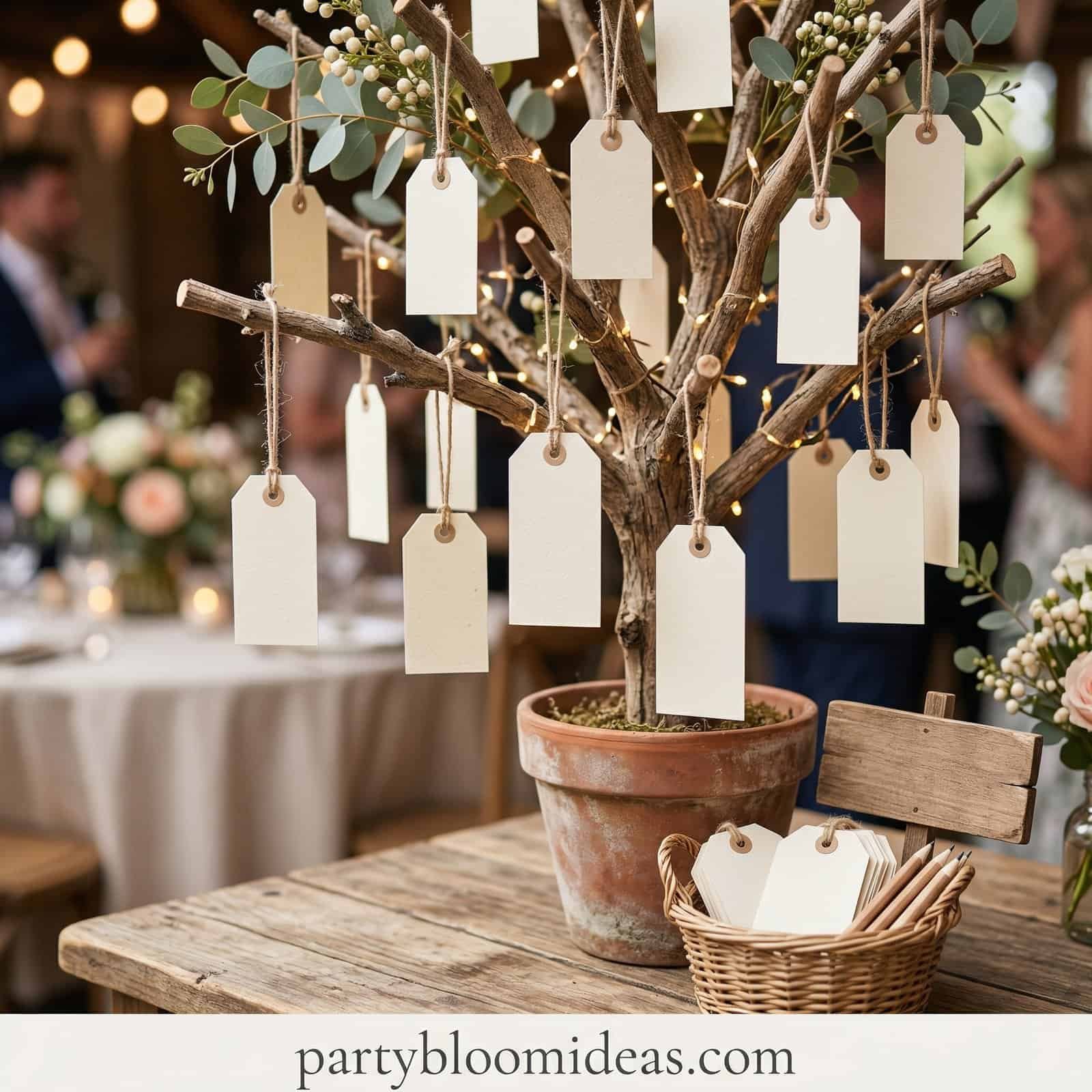 Baby shower table decor with a tree and hanging tags for guests.