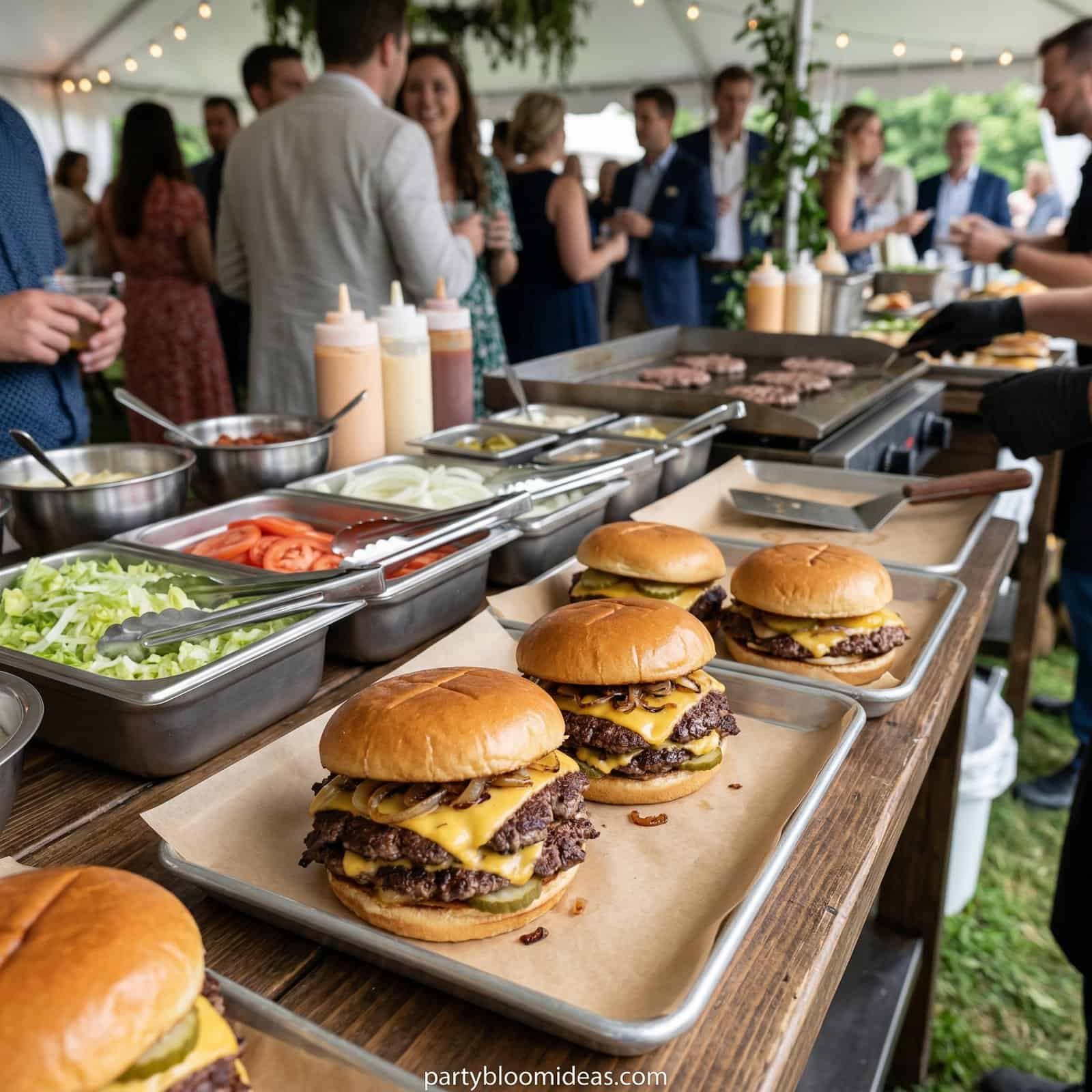 Delicious cheeseburgers being prepared at a backyard BBQ event.