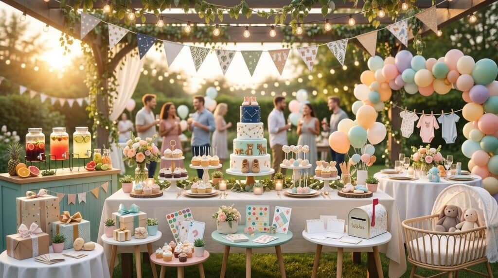 Elegant baby shower celebration with pastel balloons, themed cake, and decorated tables outdoors.