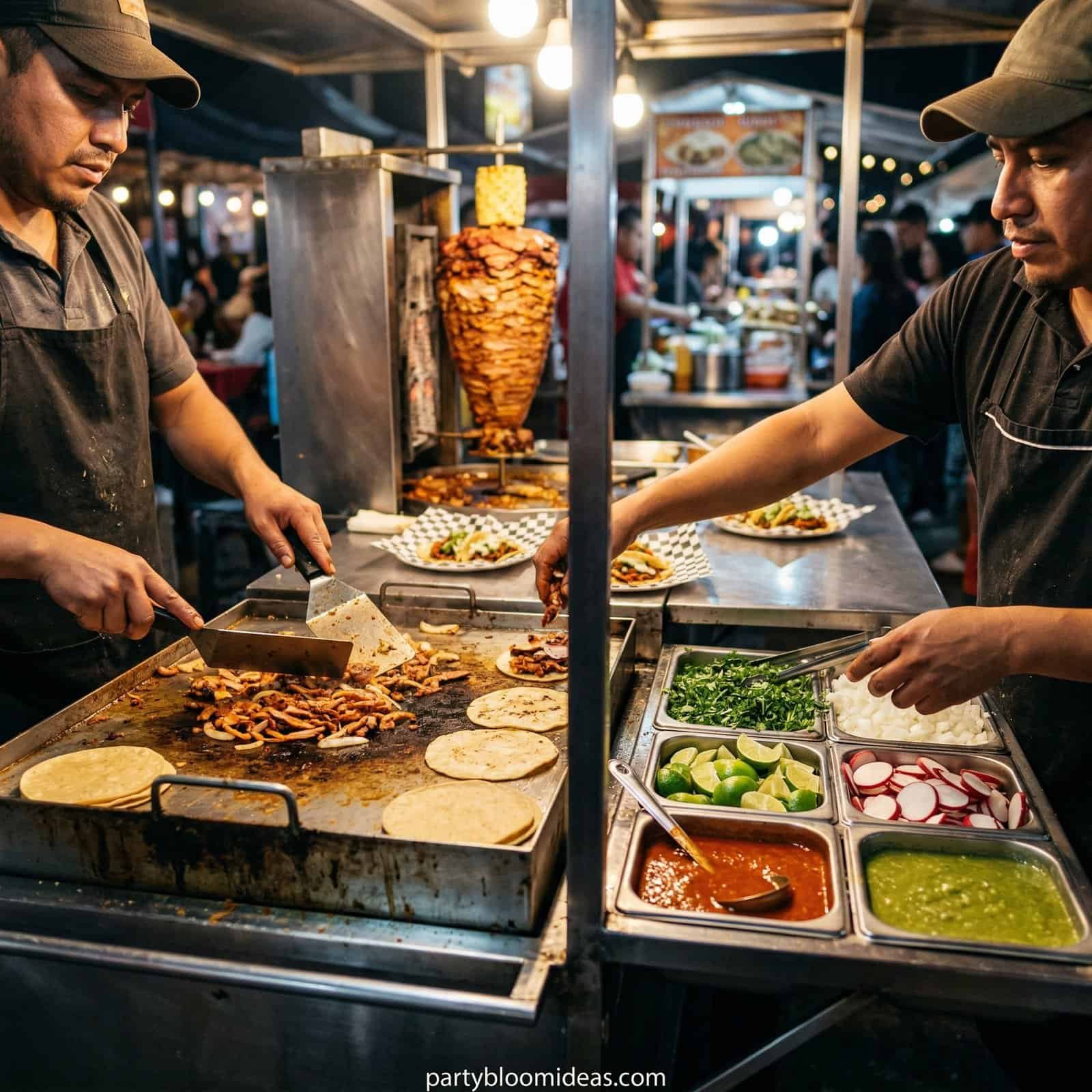 Two chefs preparing tacos at a lively outdoor BBQ grill station.