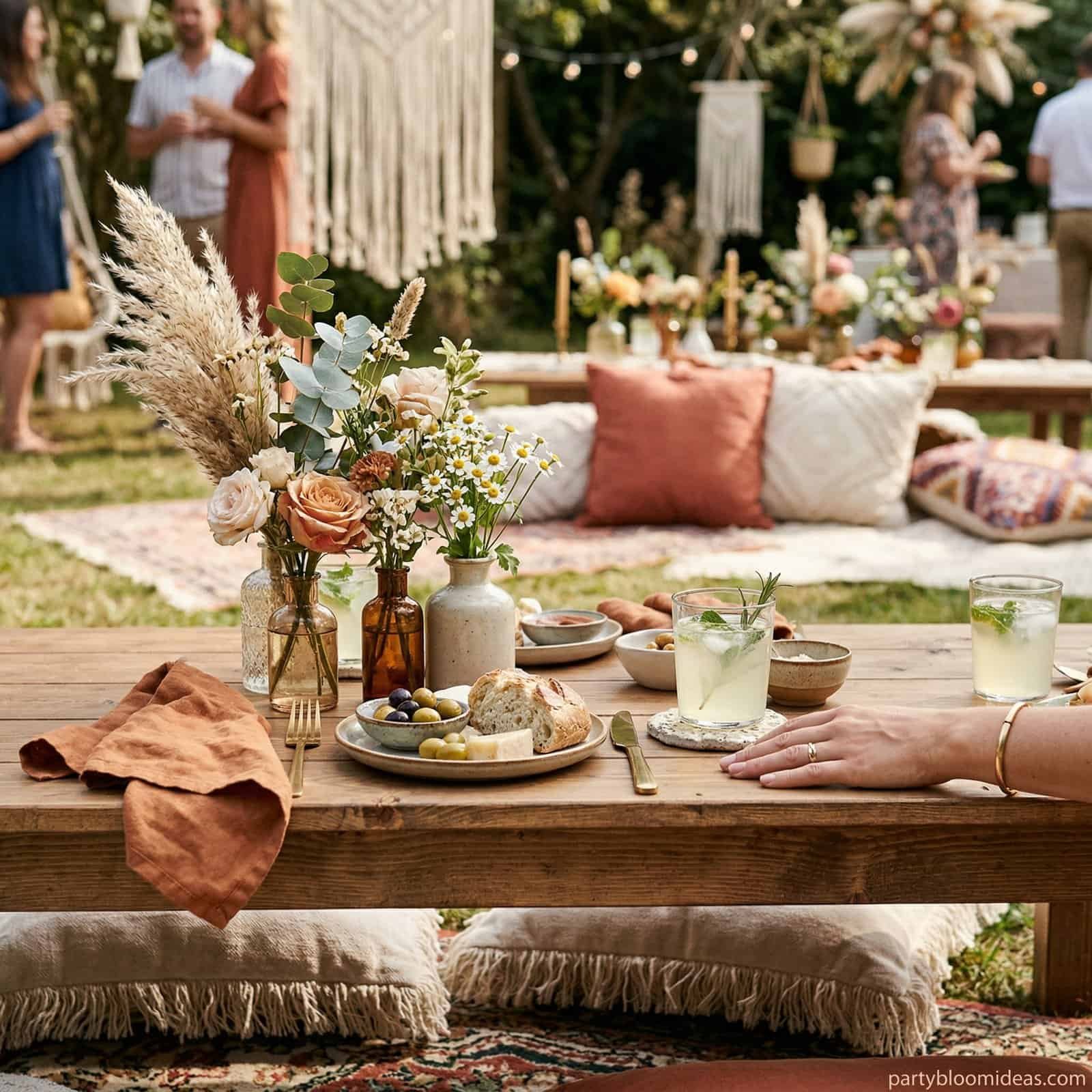 Elegant outdoor baby shower table with flowers, drinks, and cozy seating area.
