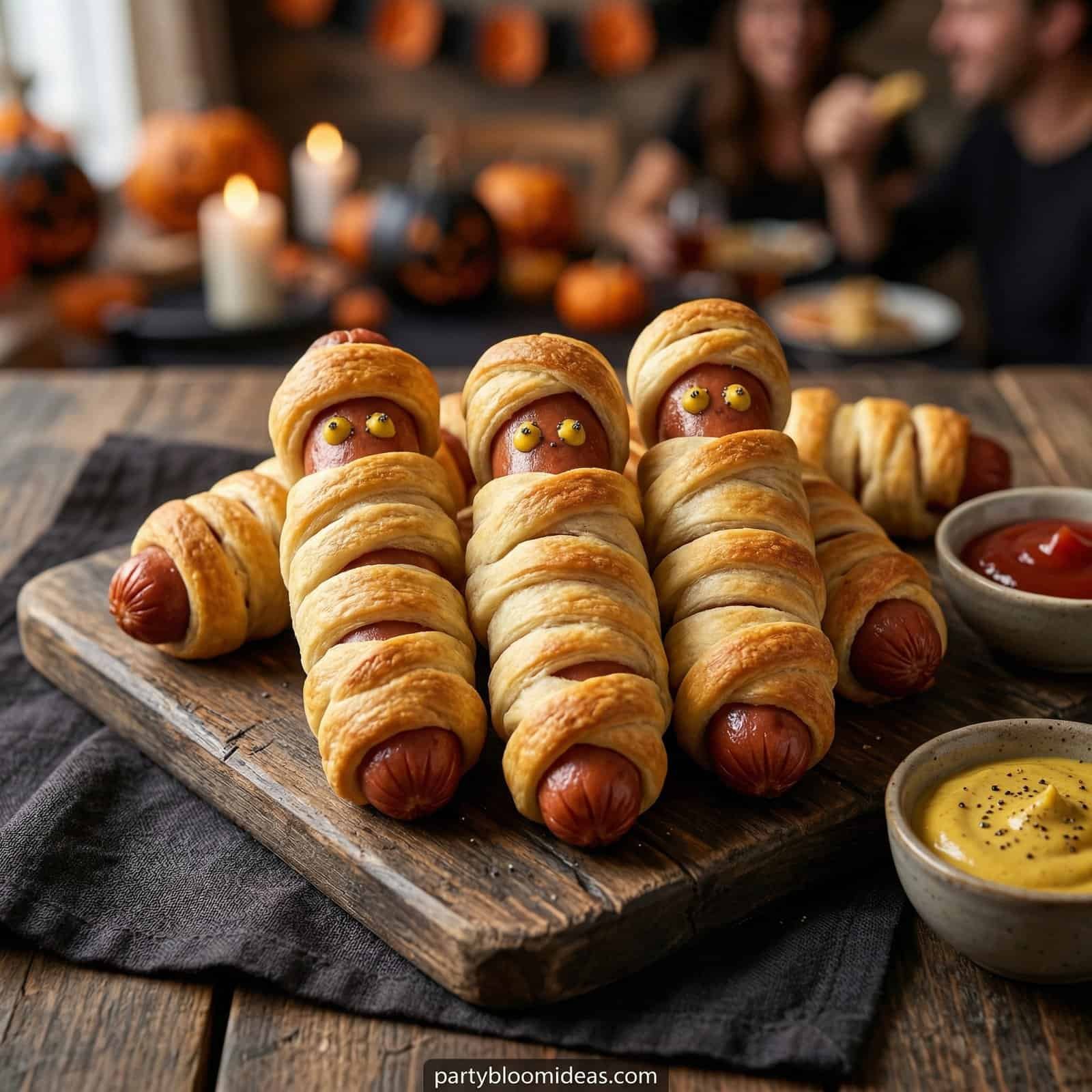 Creepy hot dog mummies with eyes for Halloween party snacks.