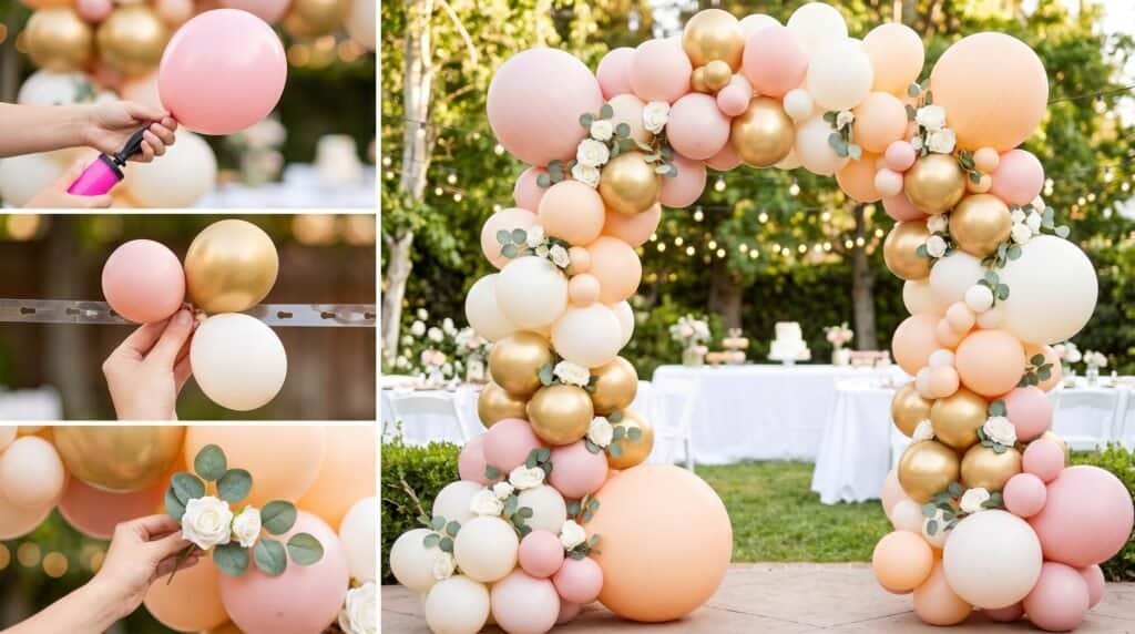 Beautiful pastel balloon arch with gold accents for celebrations.