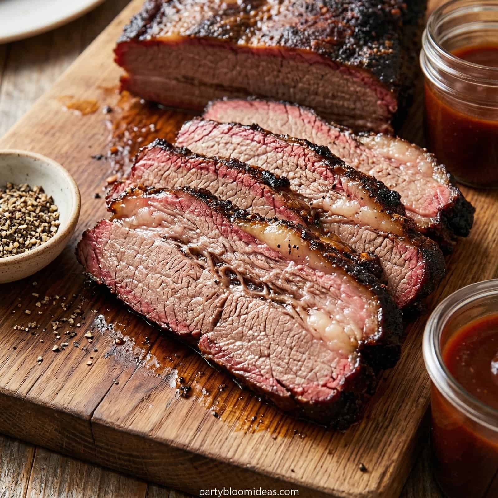 Juicy grilled steak slices on a wooden cutting board with dipping sauces.