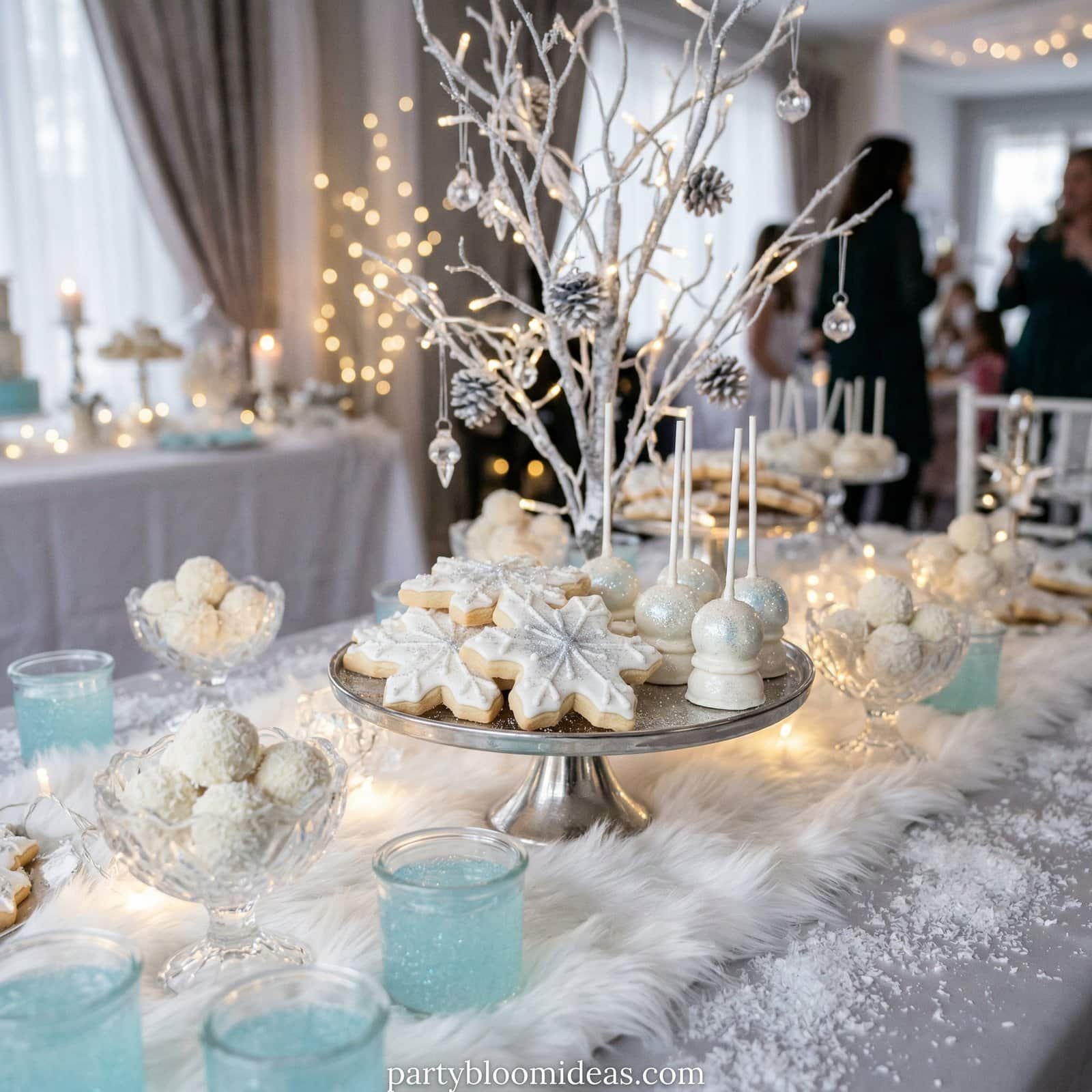 Beautiful winter-themed birthday party table with snowflake cookies and icy decorations.