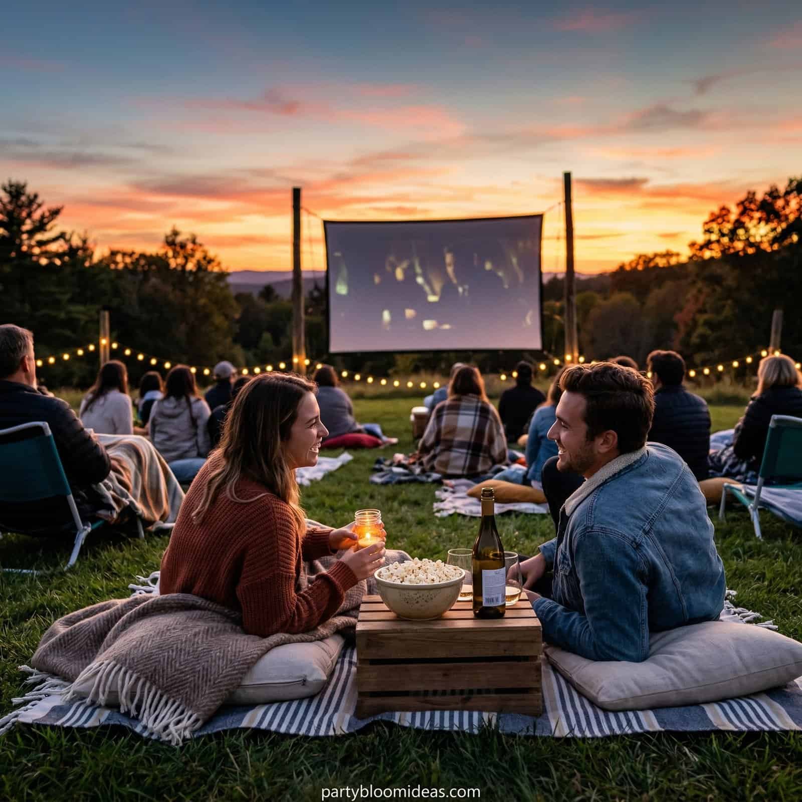 Outdoor backyard movie night with friends during sunset.