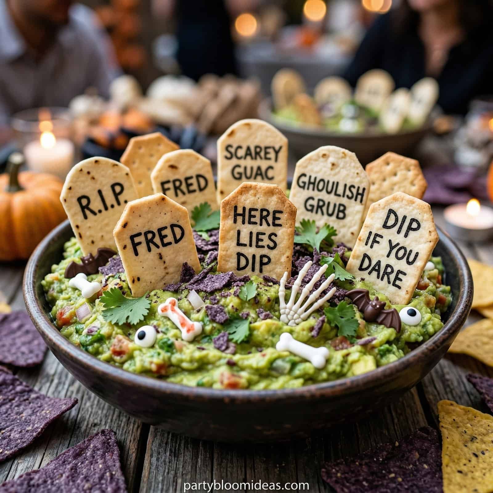 Halloween-themed guacamole with spooky message cookies.