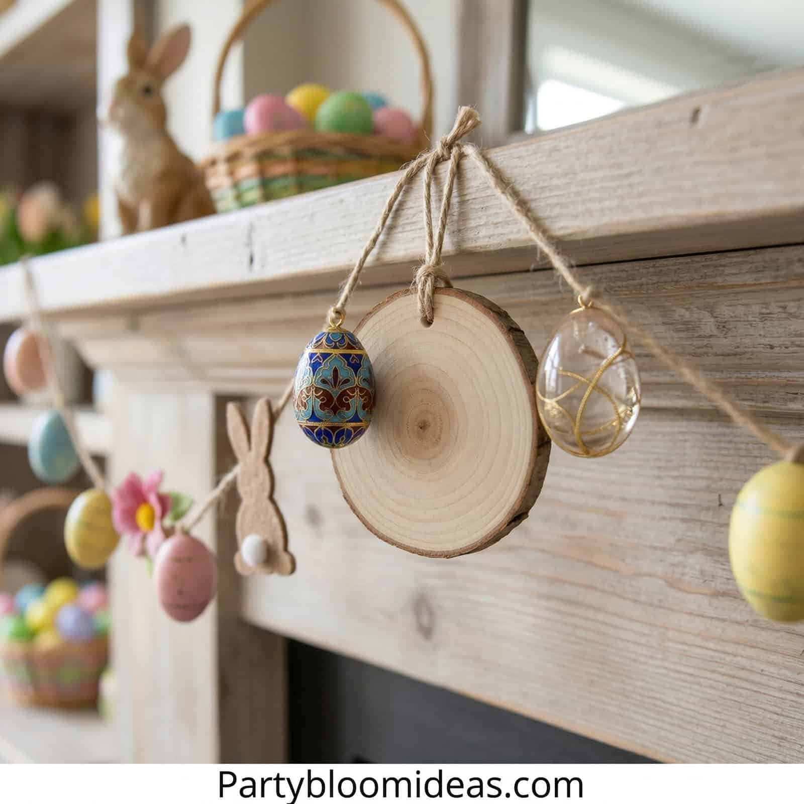 Easter egg garland with painted and decorated eggs hanging on a wooden mantel for festive spring dec.