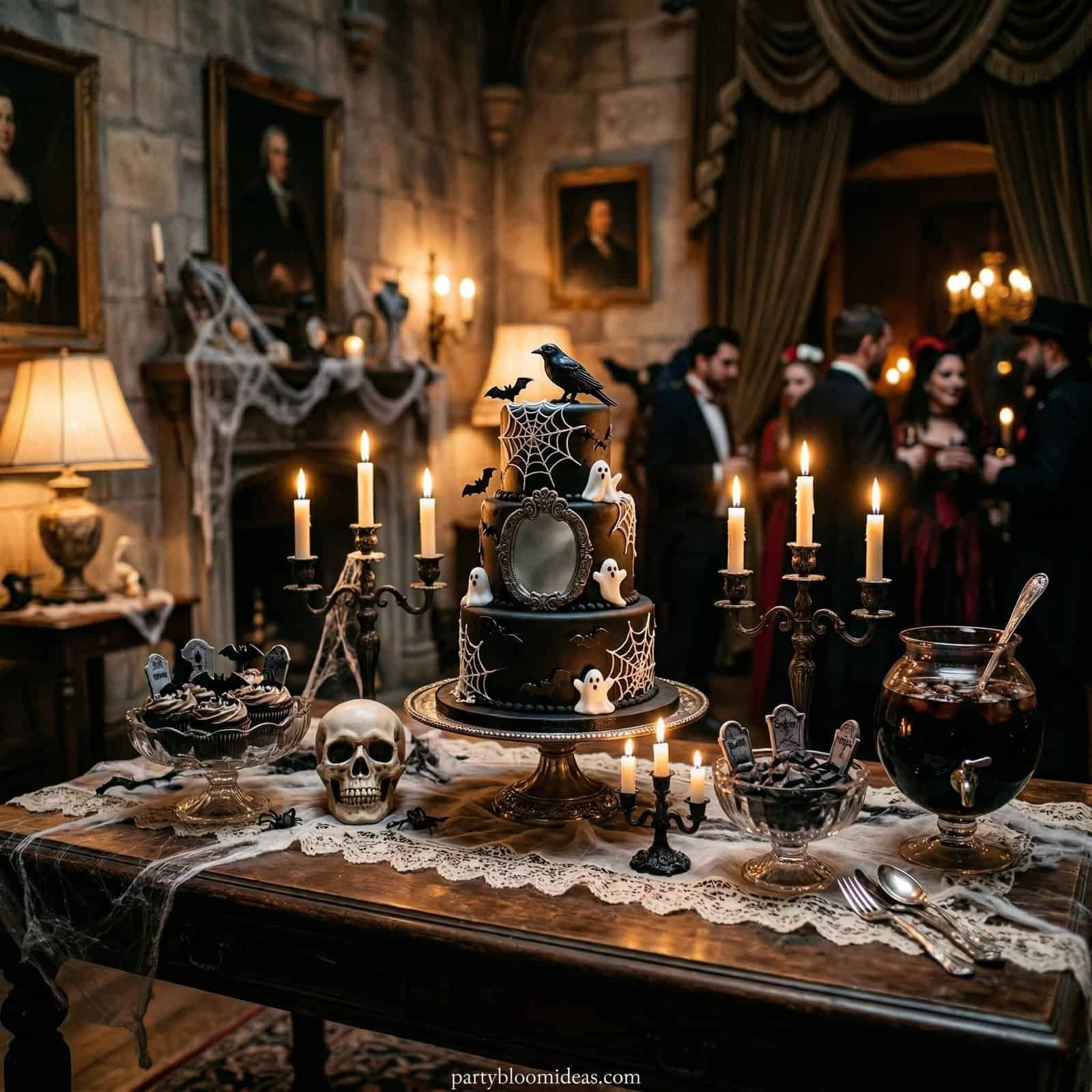 Halloween-themed spooky cake with bats and ghosts.