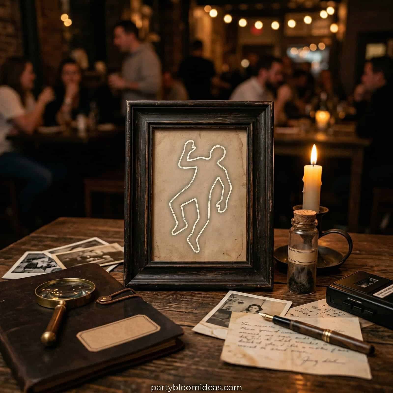 Halloween party decor with a spooky silhouette in a black frame.