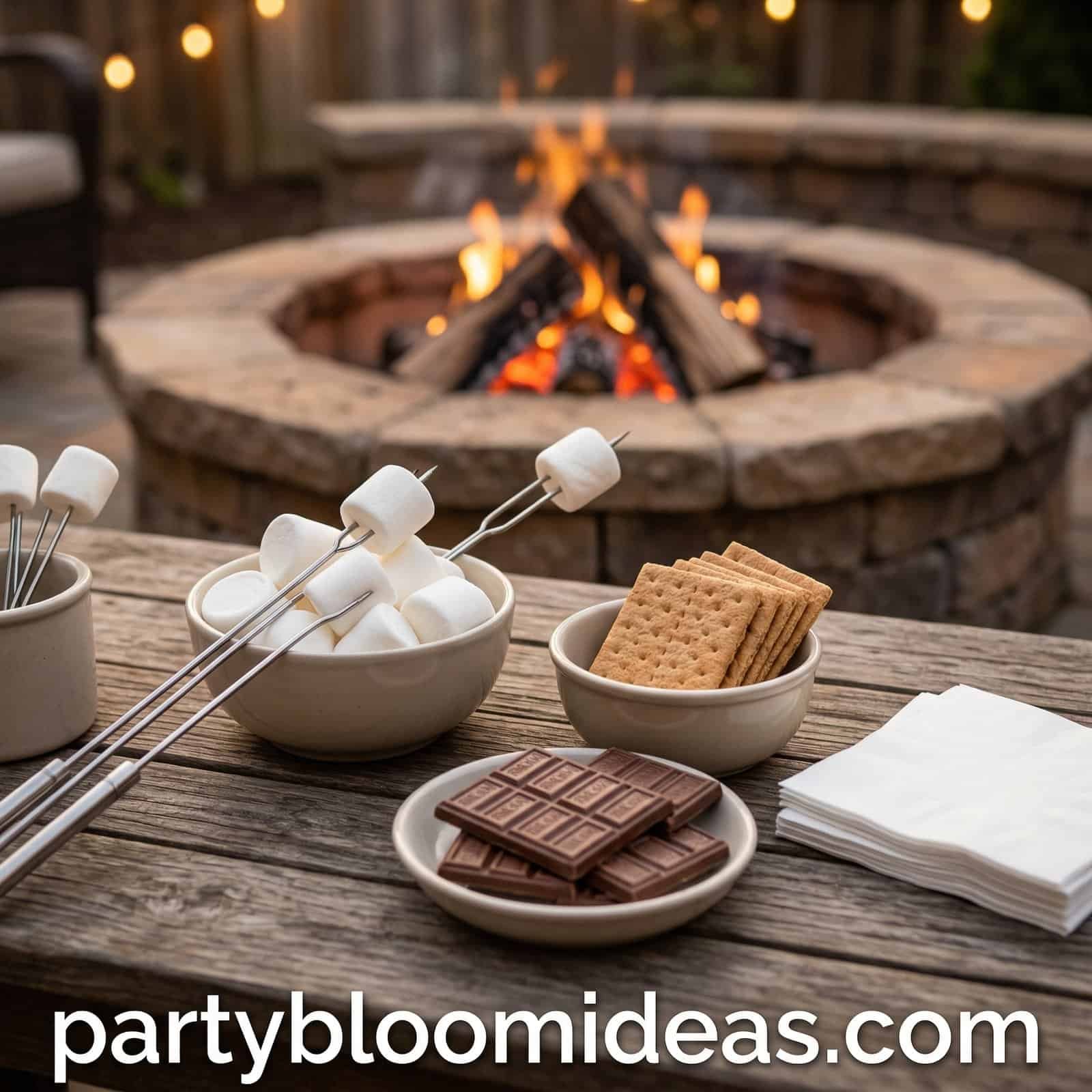 S'mores ingredients and chocolate treats on a wooden table near a fire pit.