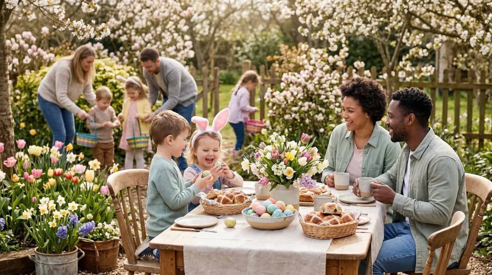 Easter family gathering with kids and adults enjoying outdoor springtime festivities.