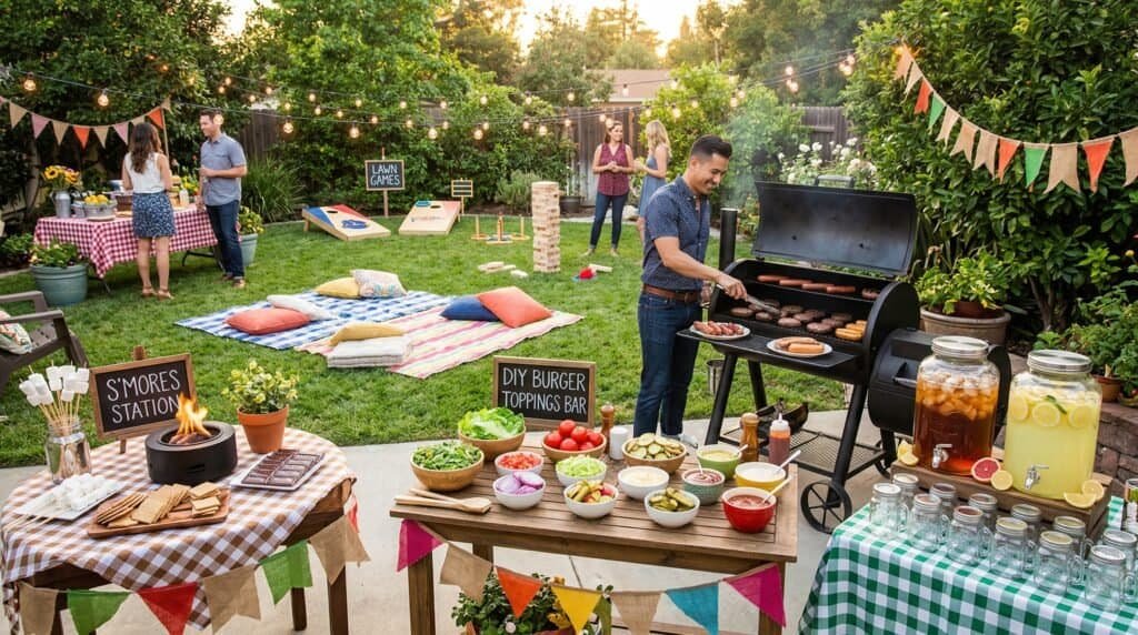 Vibrant backyard BBQ with grilling, snacks, and festive decorations for a summer gathering.