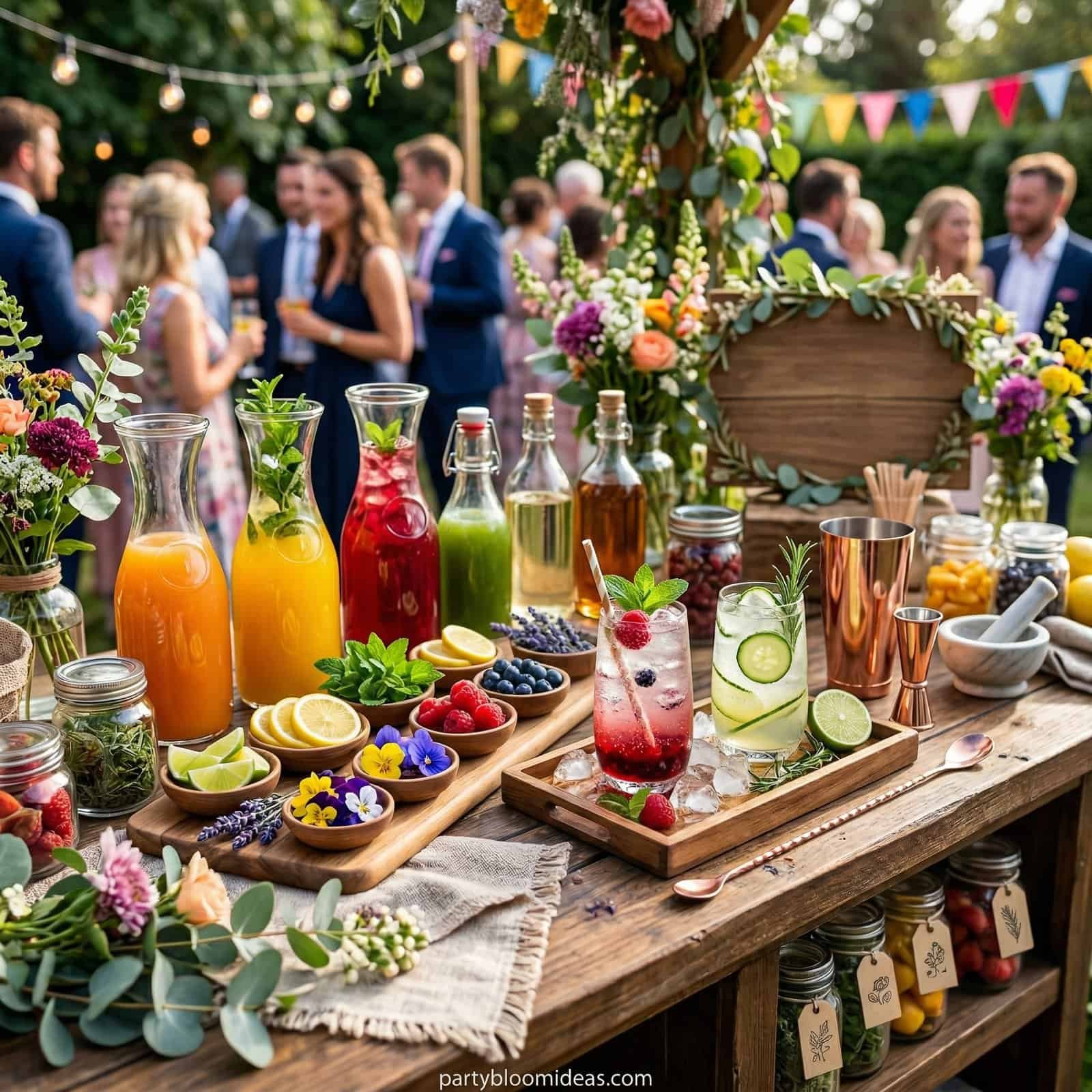 Colorful drink station with fresh juices and cocktails at a baby shower.