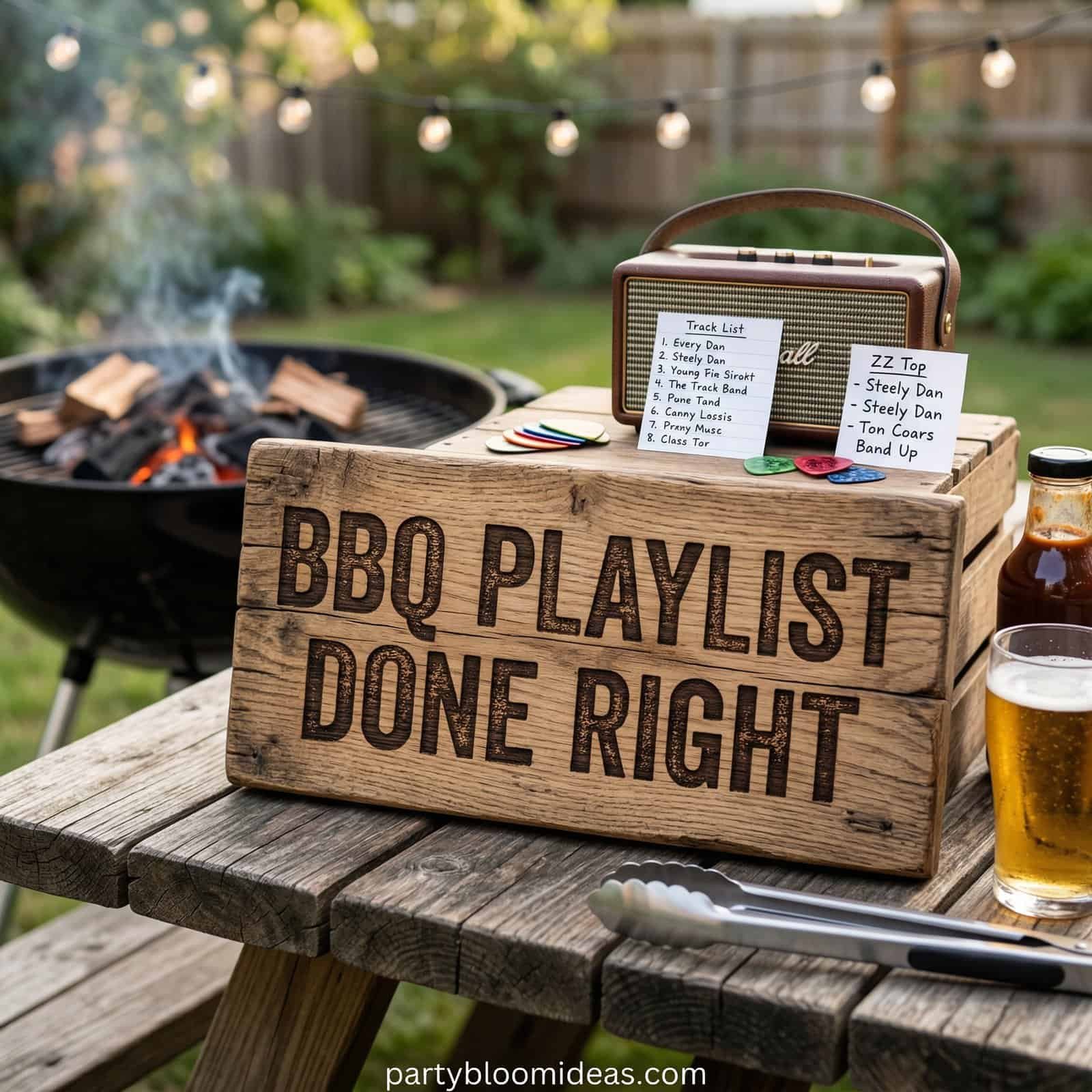 Outdoor BBQ playlist sign with wooden design and music track list.