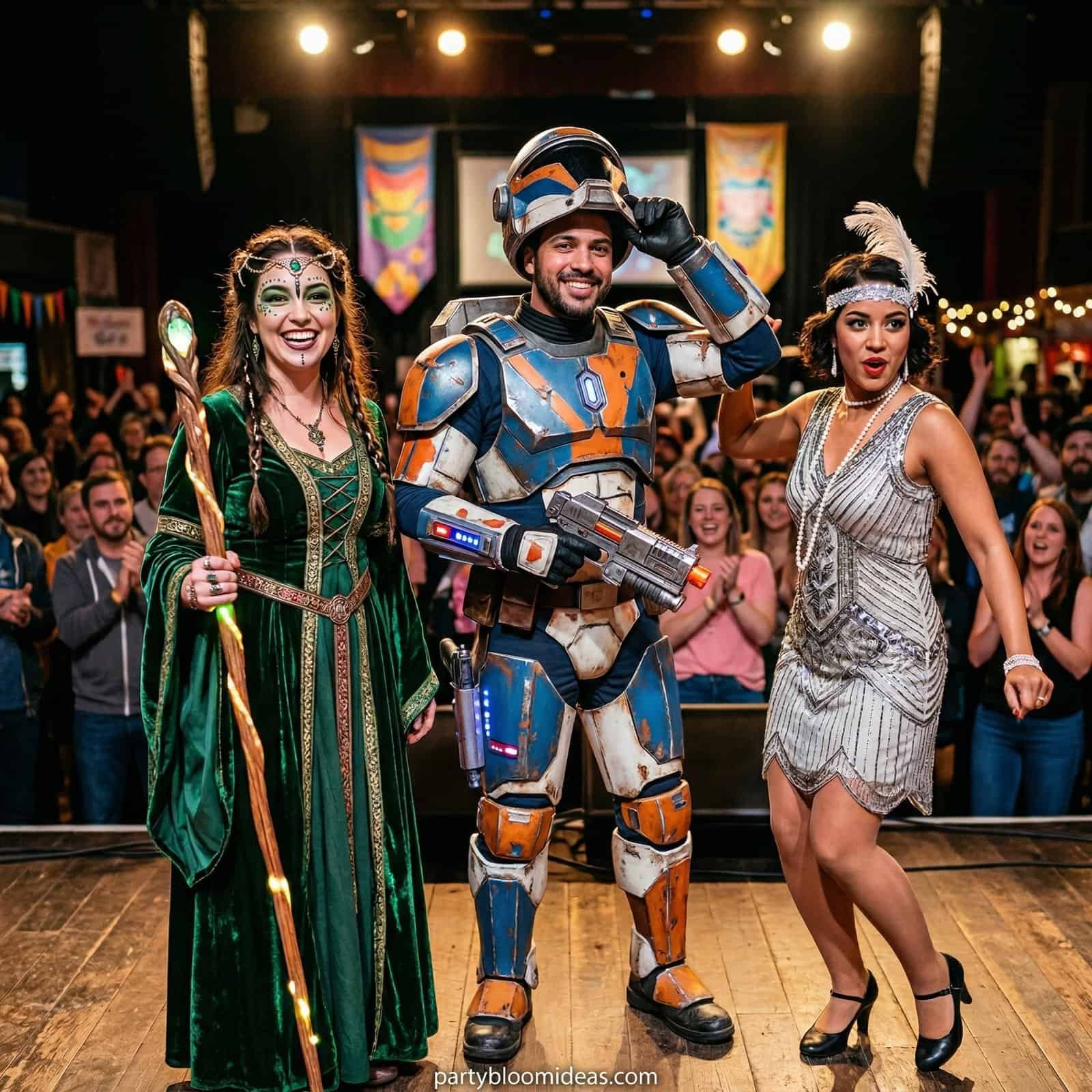 People in witch and sci-fi costumes celebrating Halloween at a party.