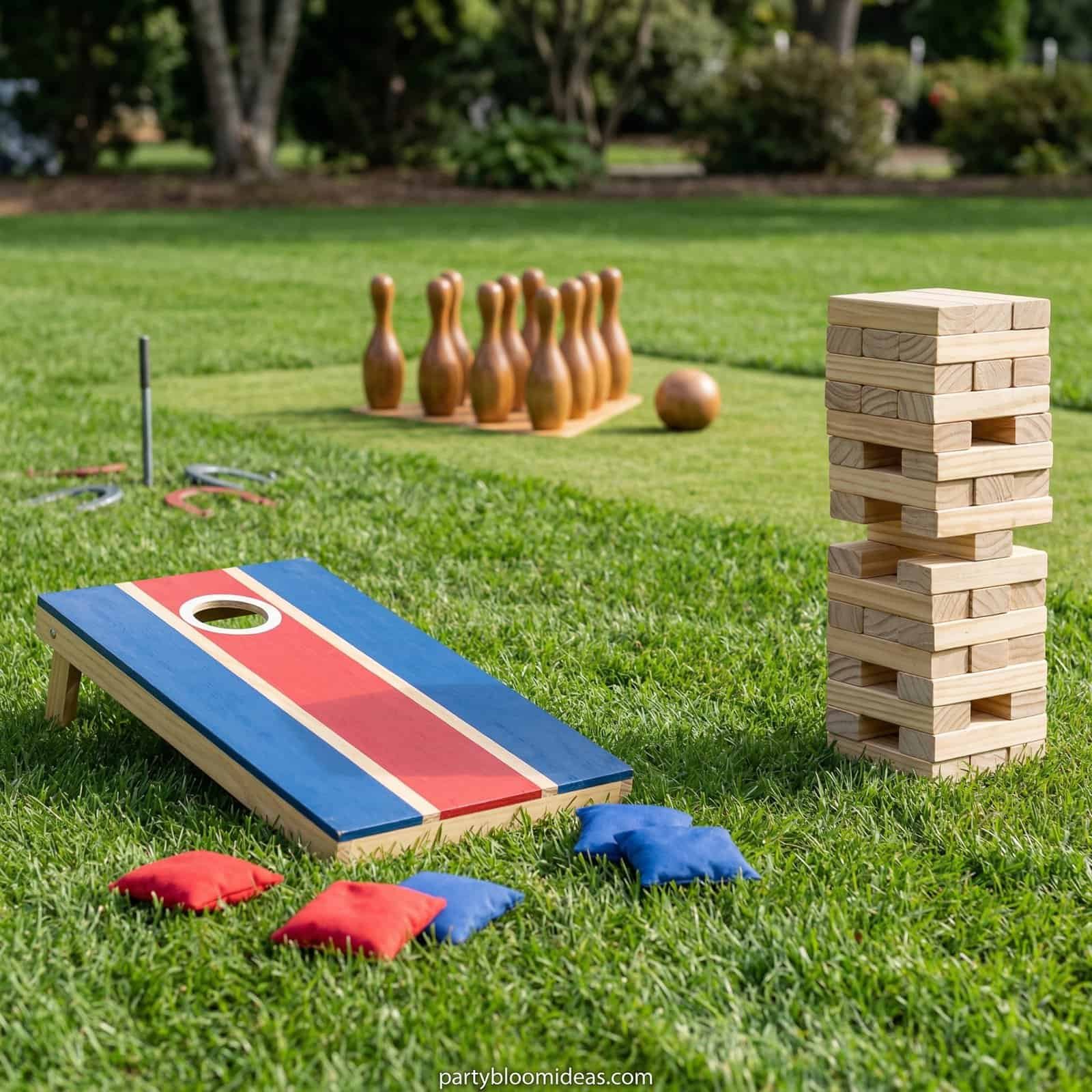 Backyard cornhole game setup with cushions and wooden blocks for outdoor fun.