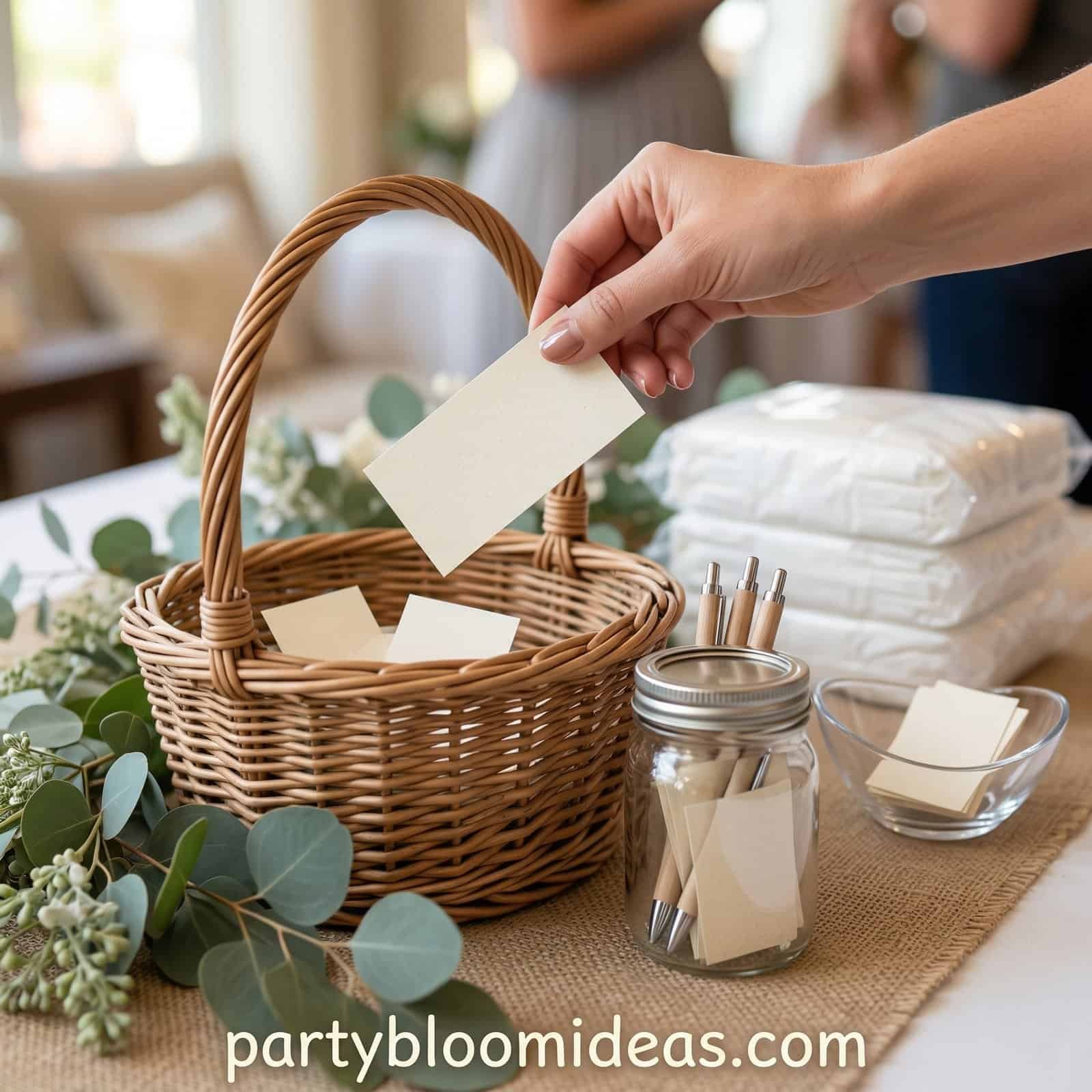 Baby shower guest book basket with pens and note cards for guests.