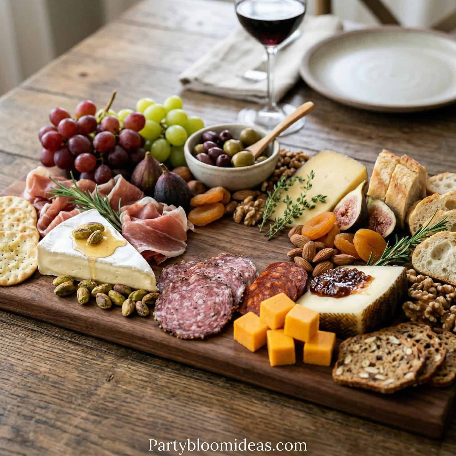 Delicious cheese, meats, fruits, and nuts arranged on a rustic wooden platter for a festive party.