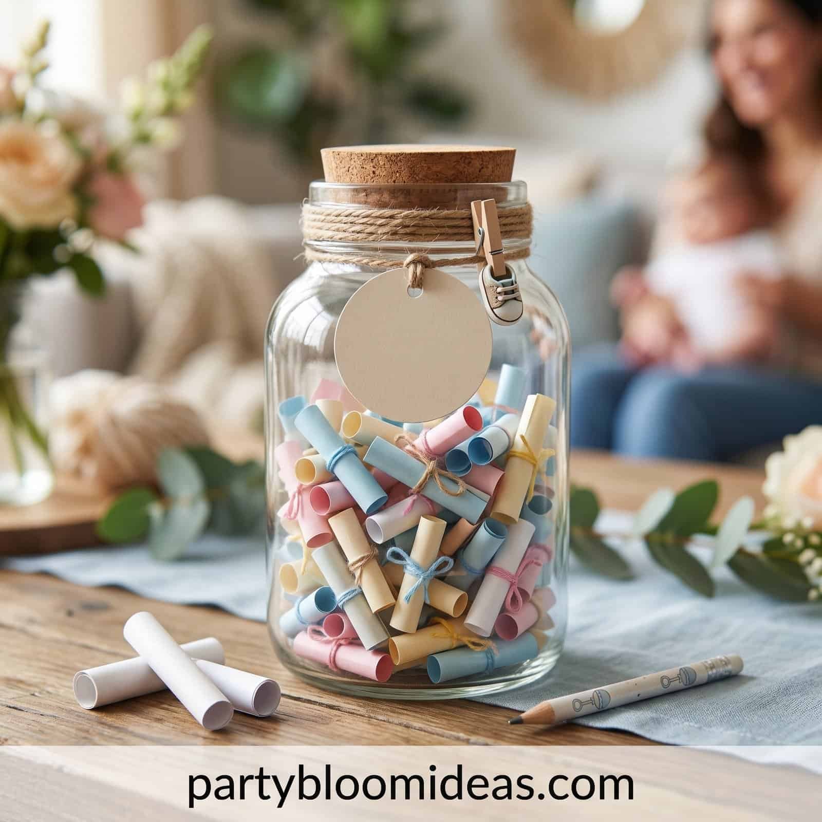 Colorful paper confetti in a glass jar with a cork lid, perfect for baby shower decorations.