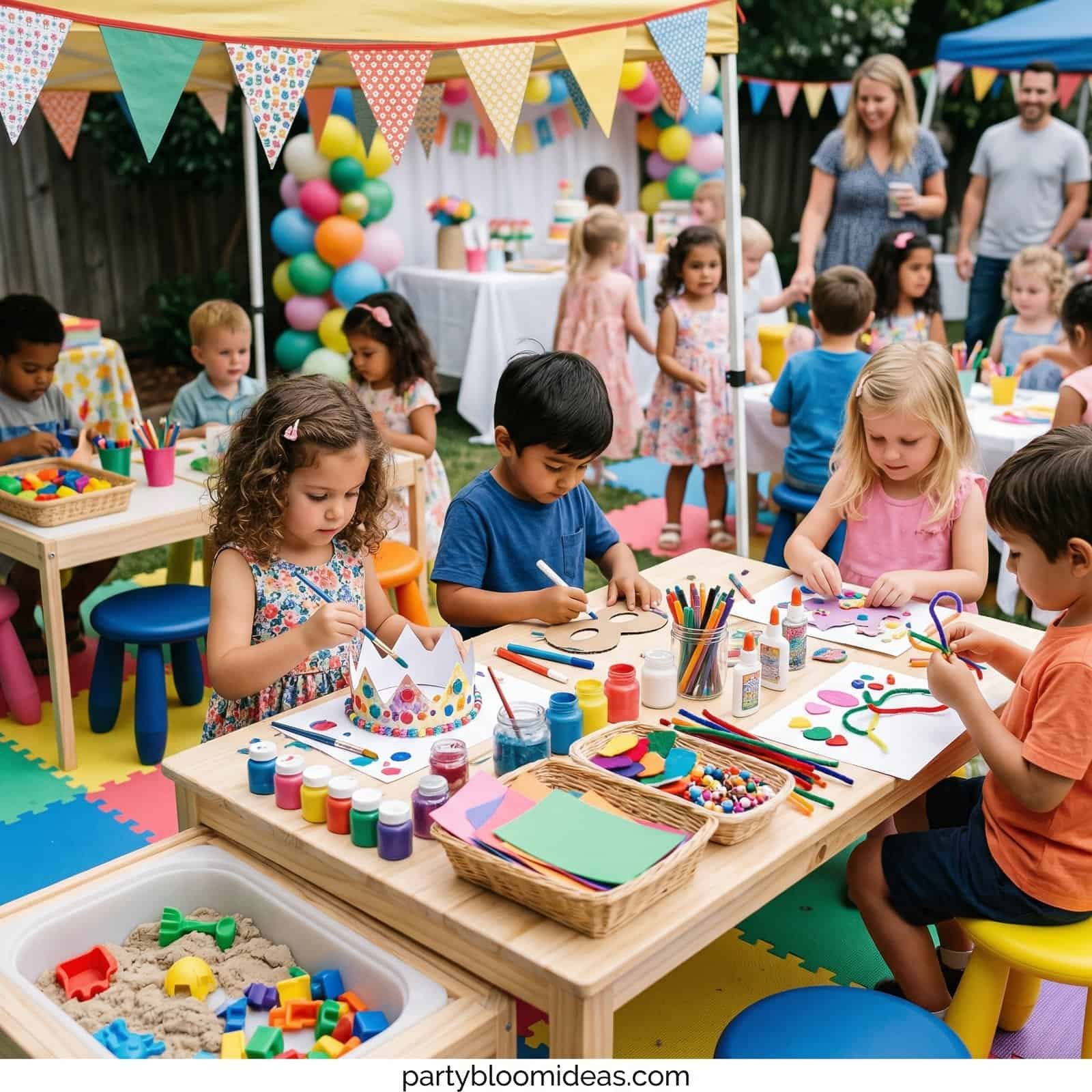 Kids crafting at a backyard BBQ party with colorful decorations and art supplies.