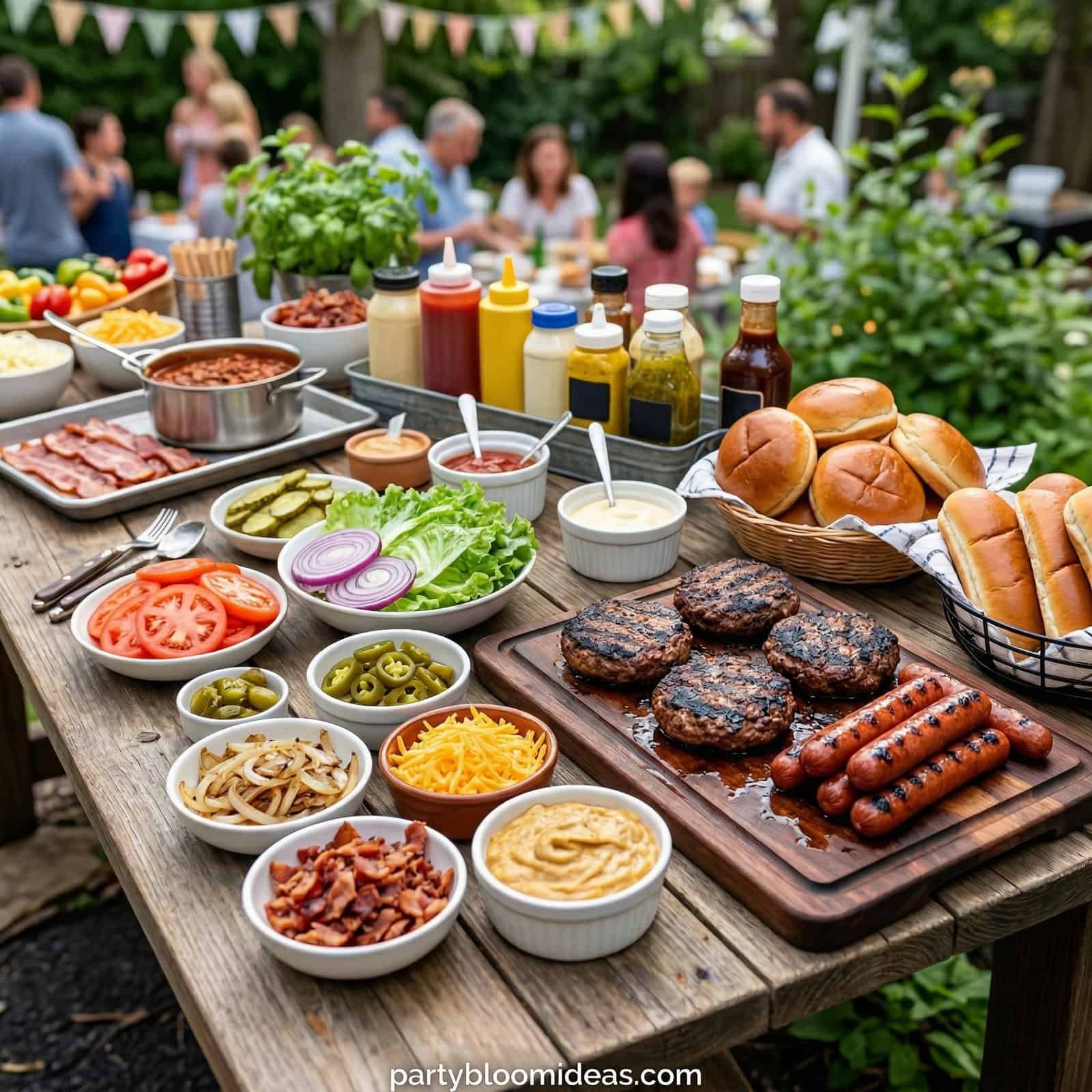 Delicious backyard BBQ with grilled meats, fresh vegetables, and condiments for outdoor party.
