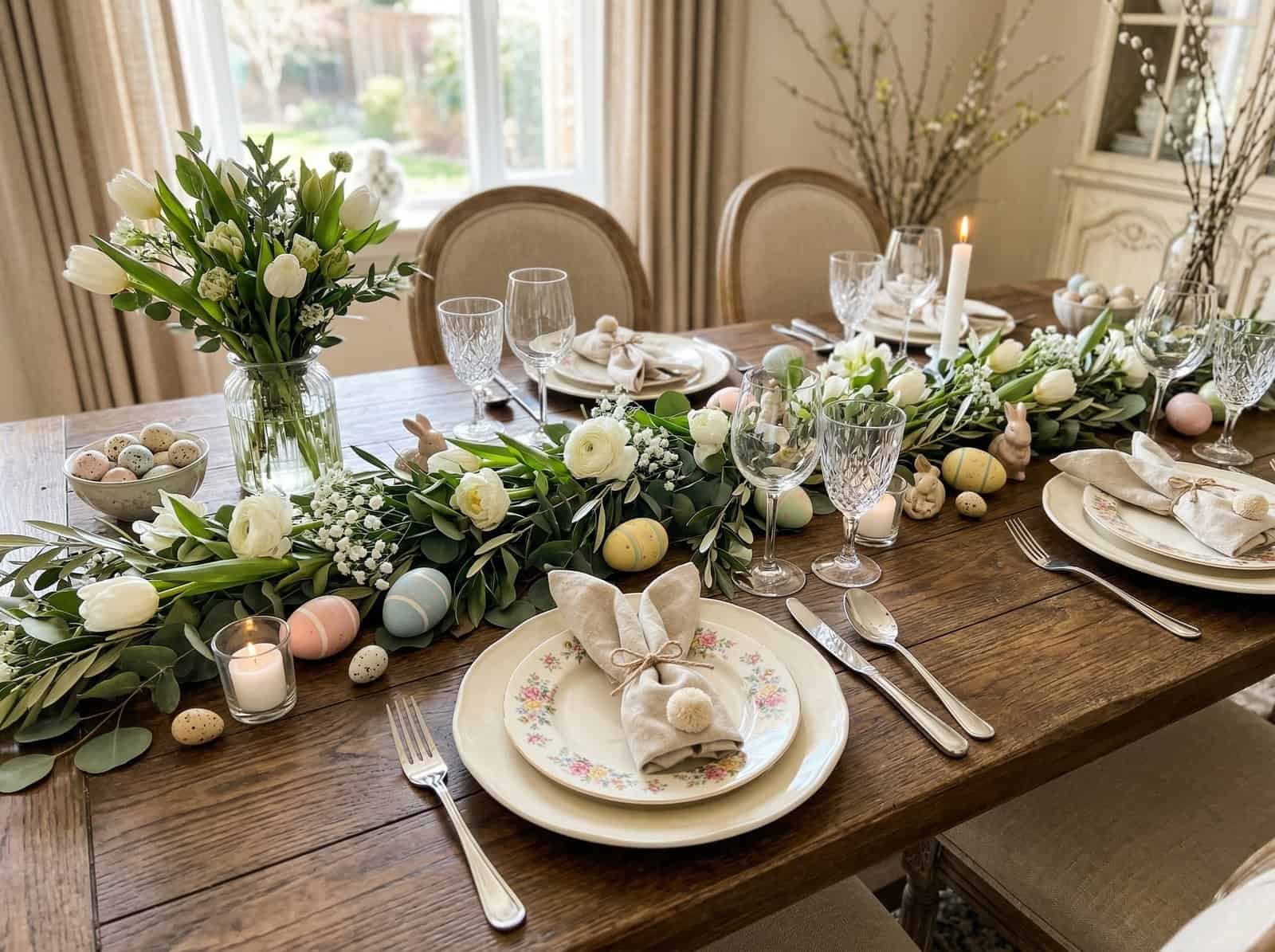 Elegant Easter table setting with floral centerpiece and pastel decorations.