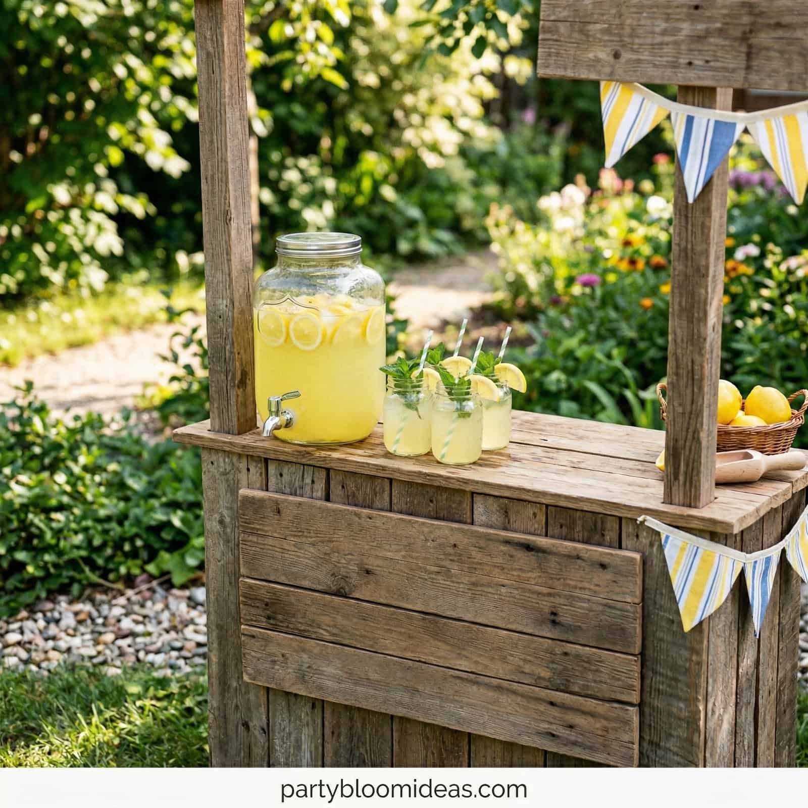 Rustic lemonade stand with fresh lemon drinks at backyard BBQ party.