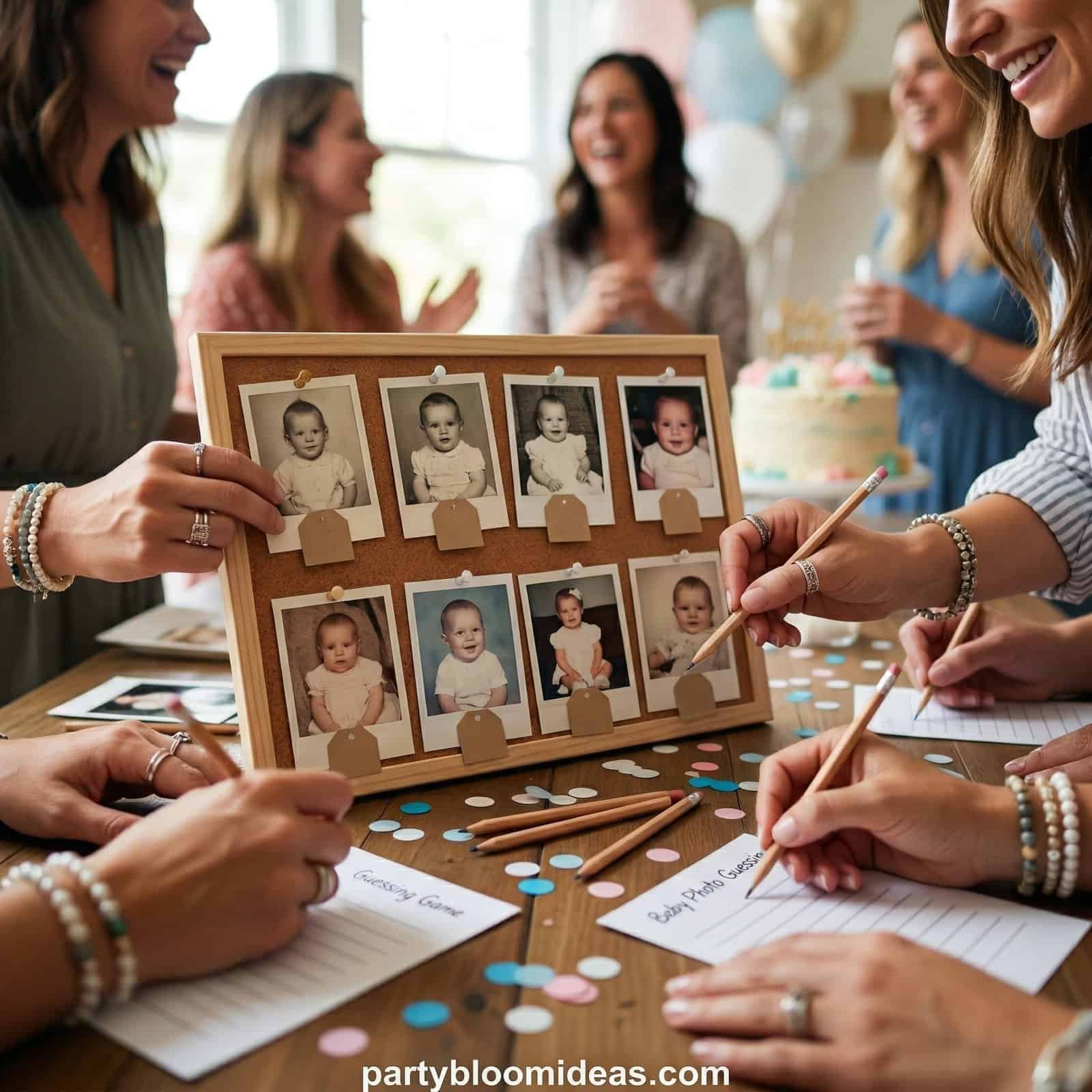 Group of women at a baby shower arranging a photo display with baby pictures and decorations.