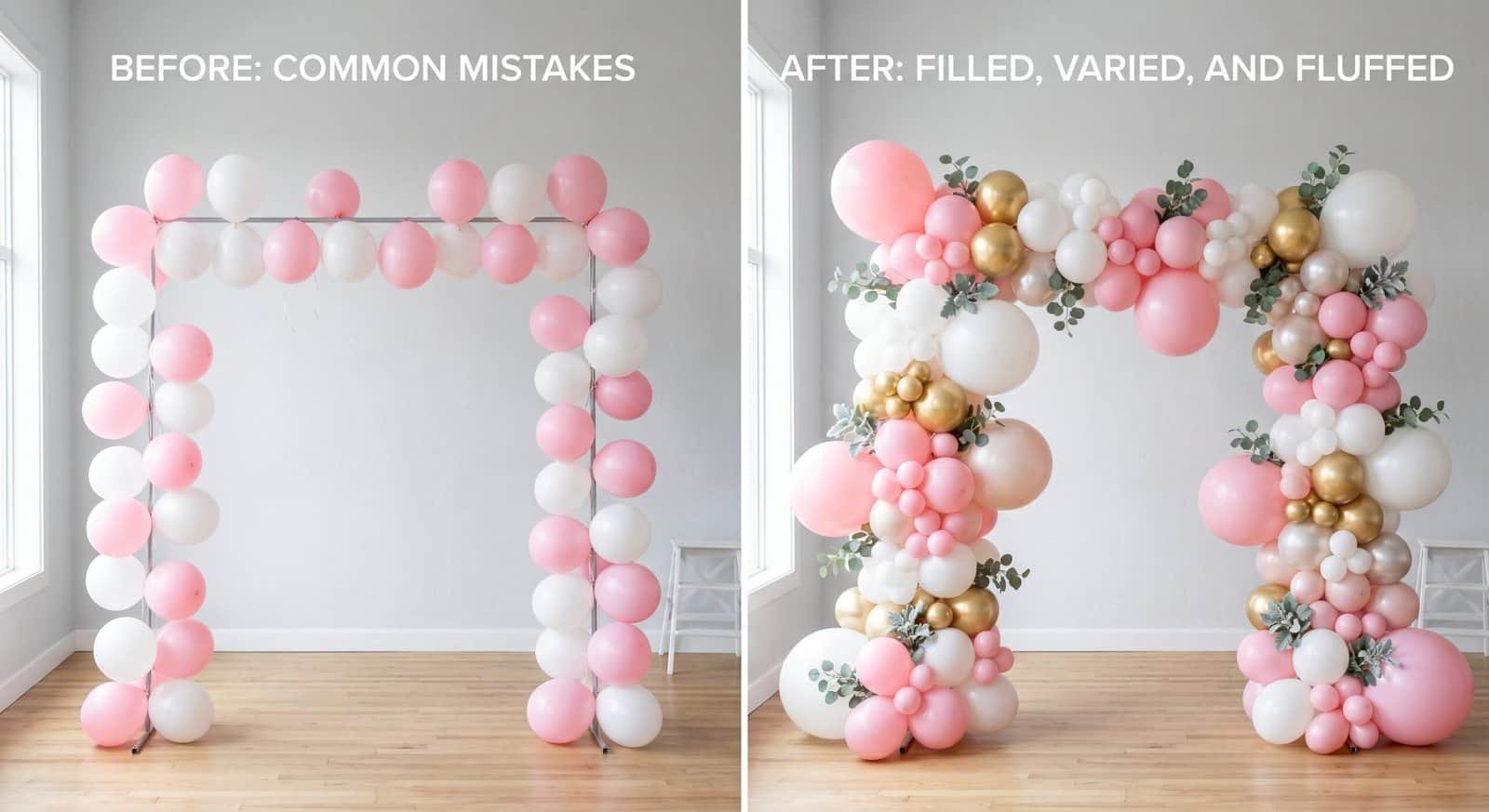 Beautiful DIY balloon arch with pink, white, and gold balloons for party decor.
