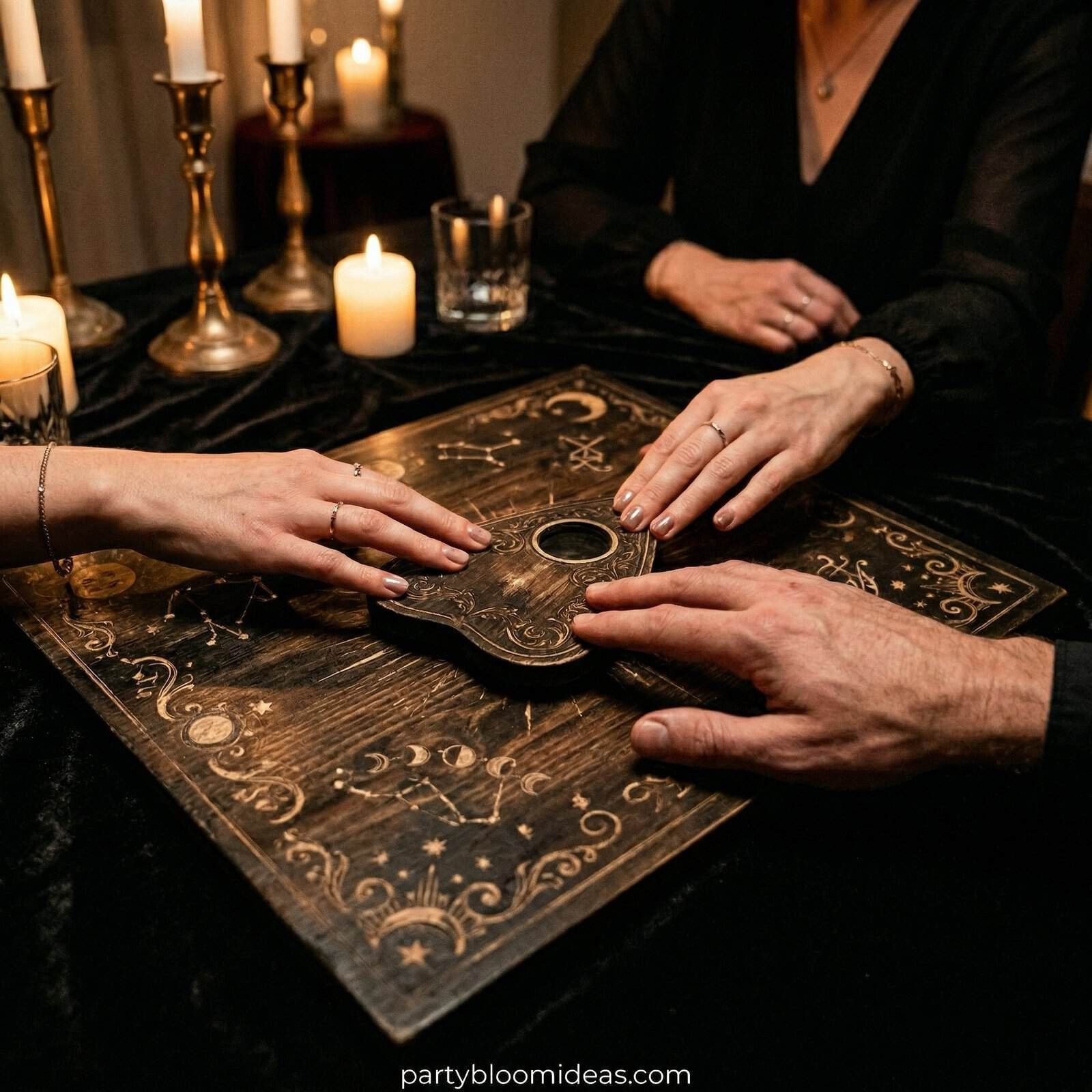 People performing a spooky tarot card reading for Halloween party.