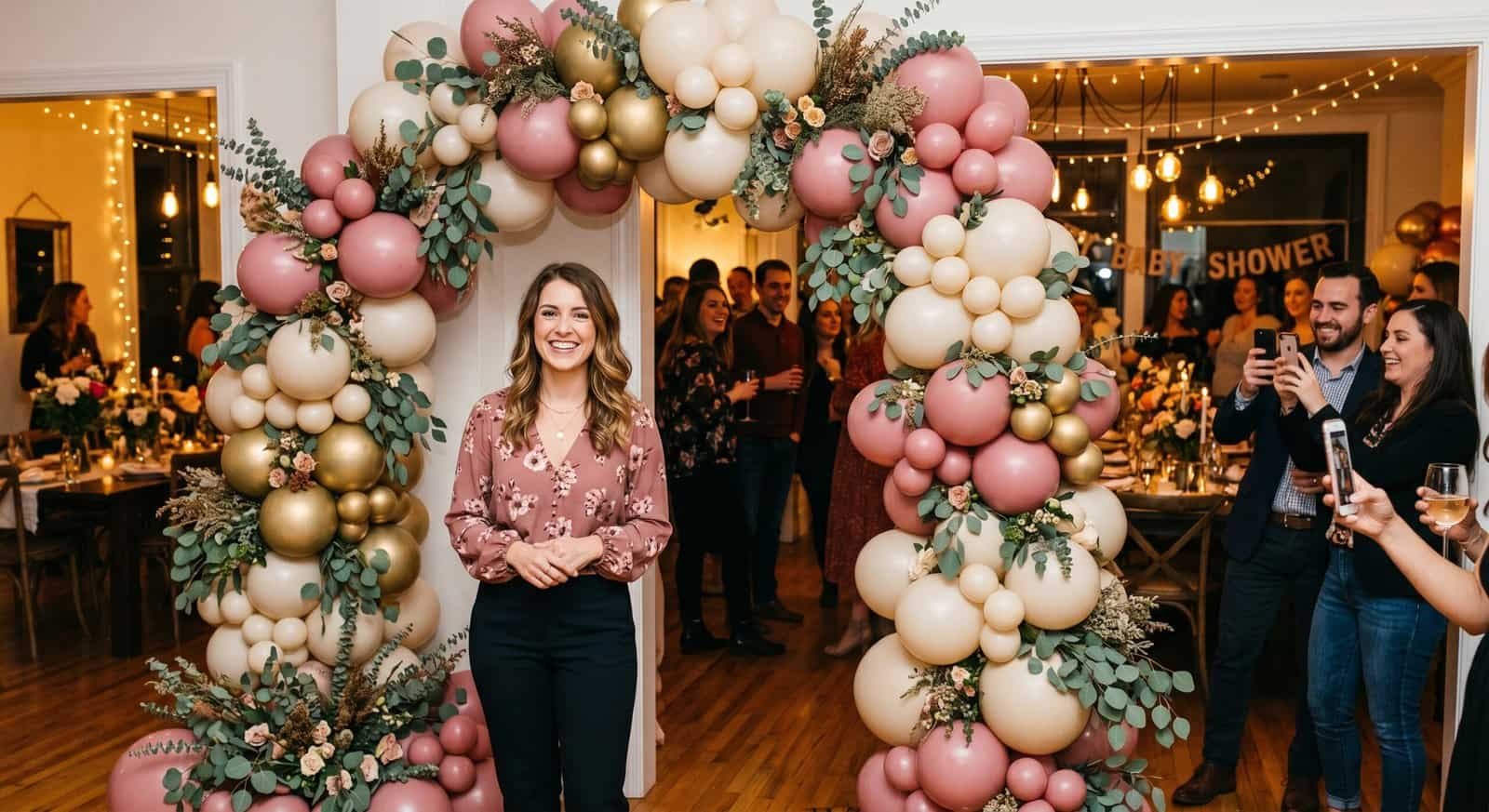 Balloon arch with pink, gold, and cream balloons at a festive event.