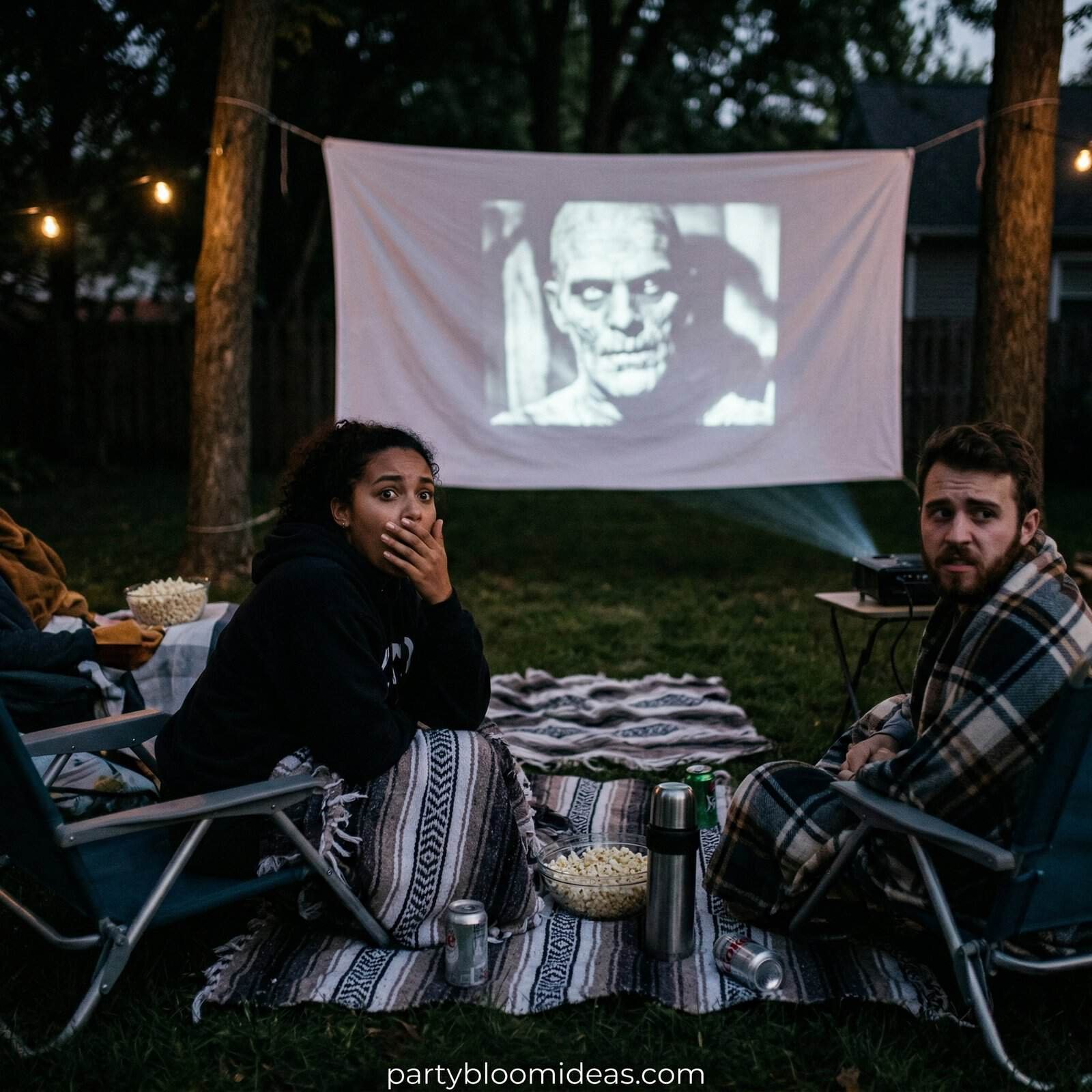 People watching a spooky movie outdoors with a Halloween theme.