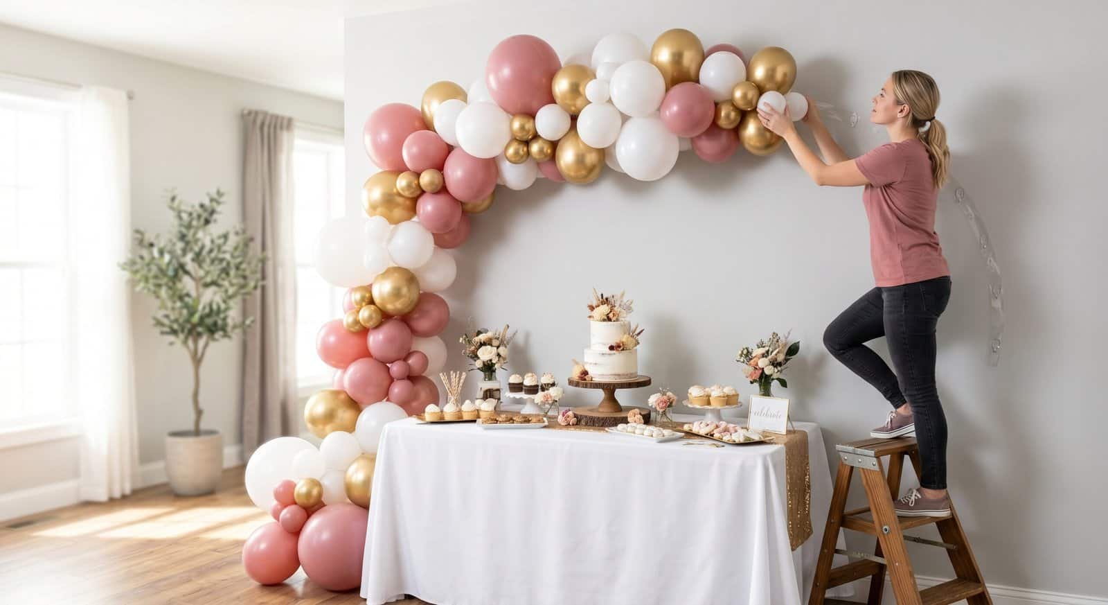 Woman creating a pink, white, and gold balloon arch for party decor.