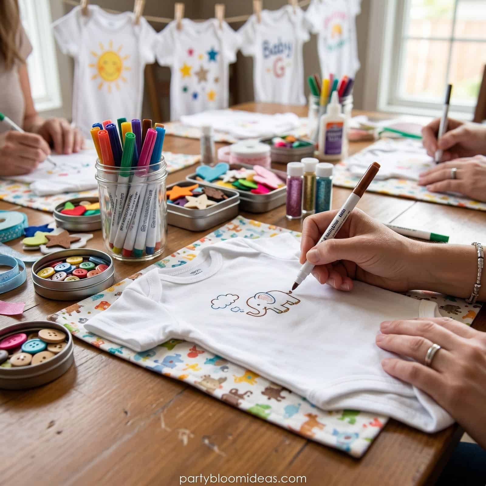 Baby shower craft activity with decorated onesies and colorful art supplies.