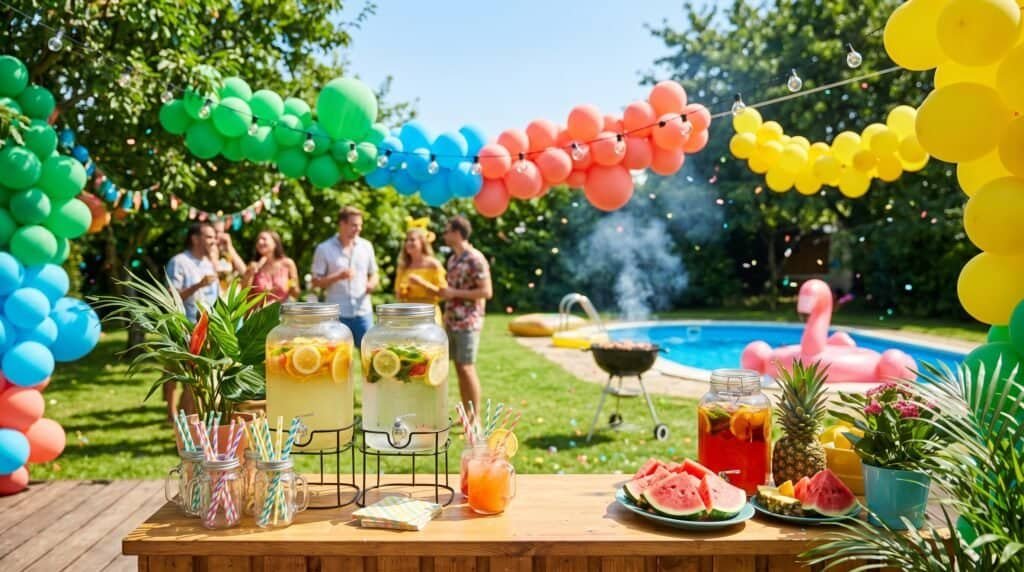Colorful balloon arch and outdoor party setup by the pool for summer celebrations.